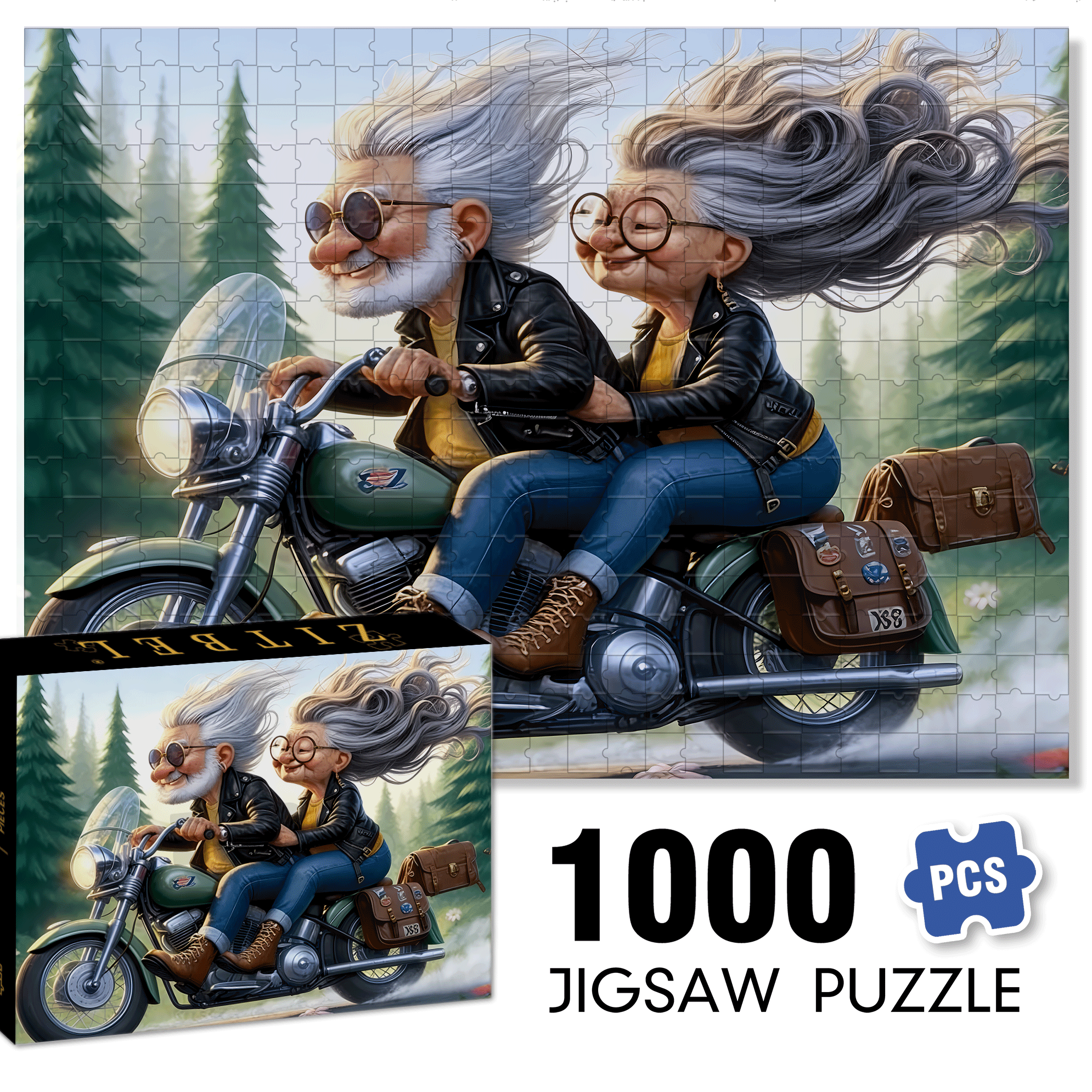 Grandpa and Grandma Riding Motorcycles 500pcs/1000pcs Jigsaw Puzzle, Scratch-Resistant, Interactive Family Game & Brain-Boosting DIY Decor, Perfect for Halloween, Christmas & New Year Gifts, Family Puzzle Game