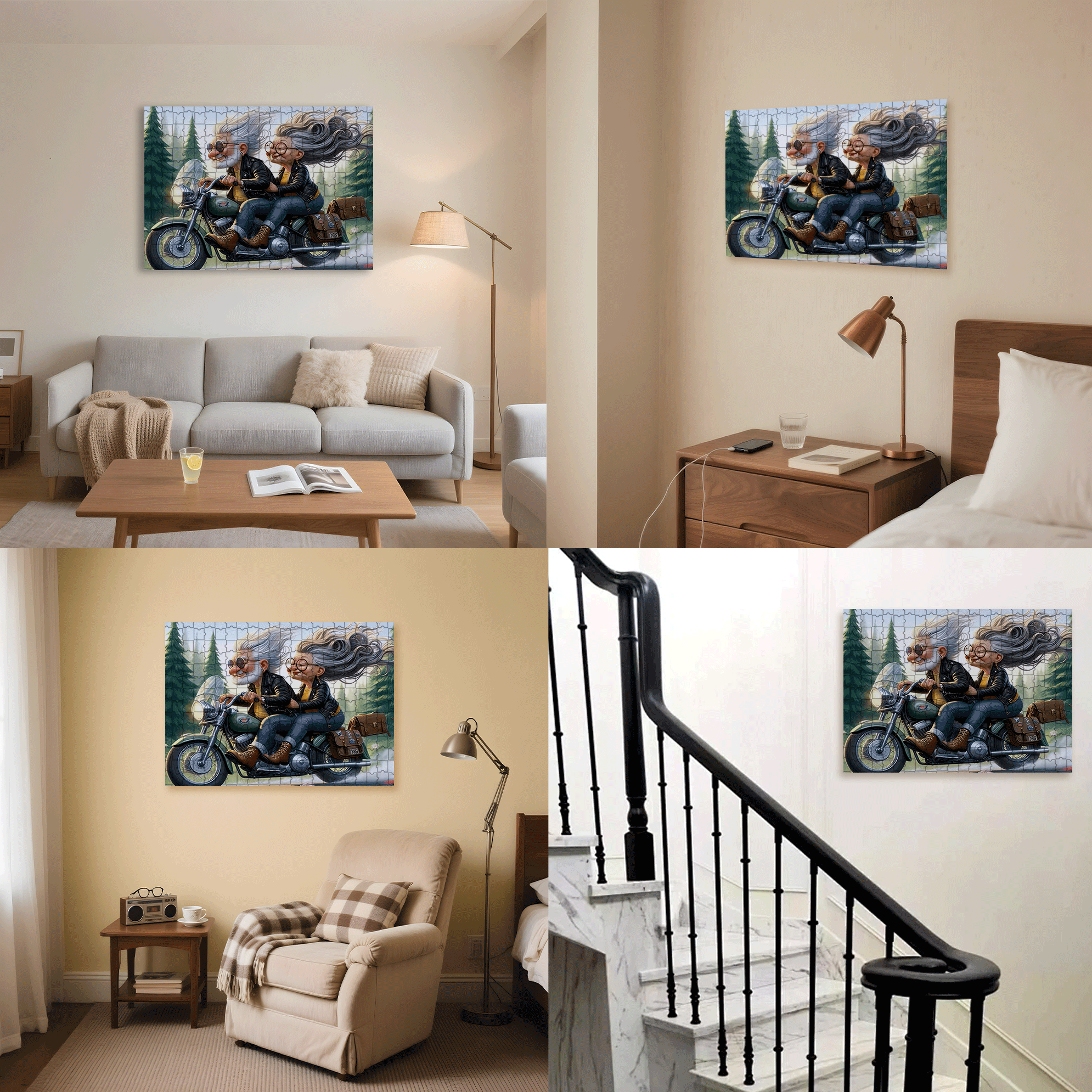 Grandpa and Grandma Riding Motorcycles 500pcs/1000pcs Jigsaw Puzzle, Scratch-Resistant, Interactive Family Game & Brain-Boosting DIY Decor, Perfect for Halloween, Christmas & New Year Gifts, Family Puzzle Game