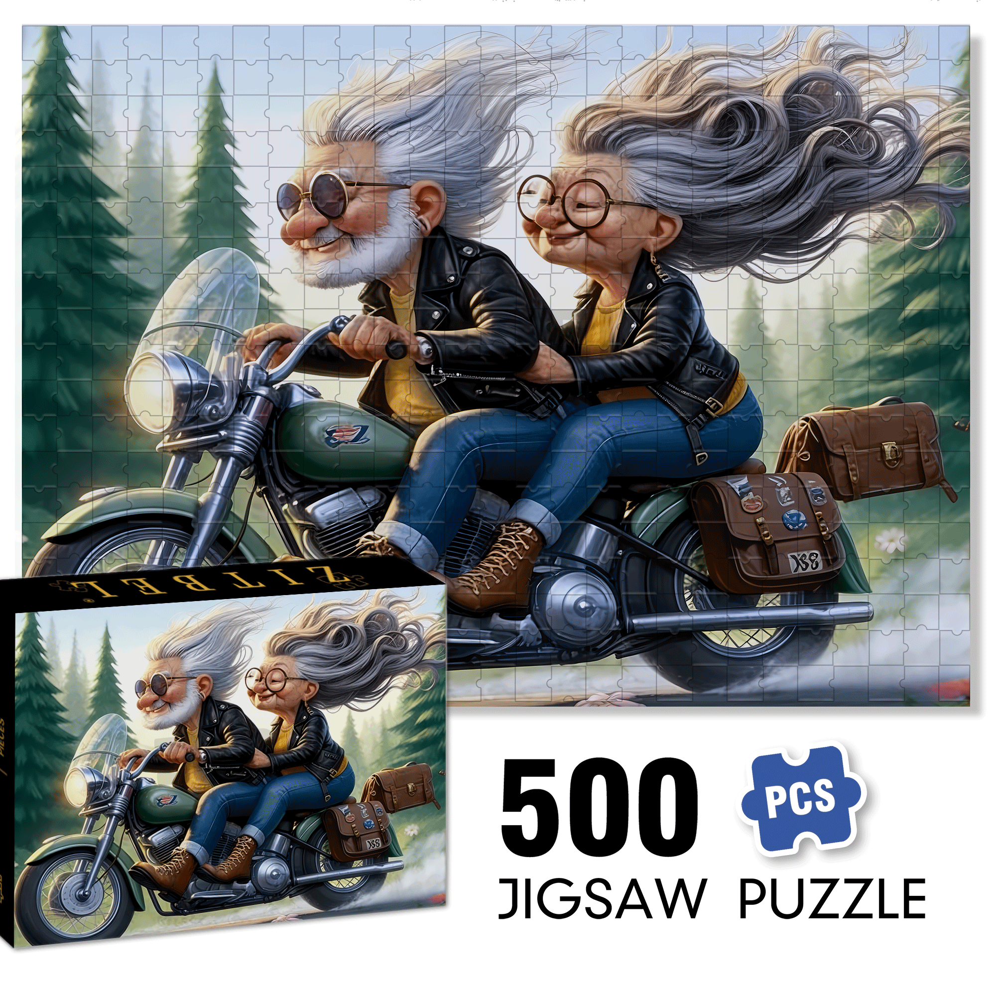 Grandpa and Grandma Riding Motorcycles 500pcs/1000pcs Jigsaw Puzzle, Scratch-Resistant, Interactive Family Game & Brain-Boosting DIY Decor, Perfect for Halloween, Christmas & New Year Gifts, Family Puzzle Game