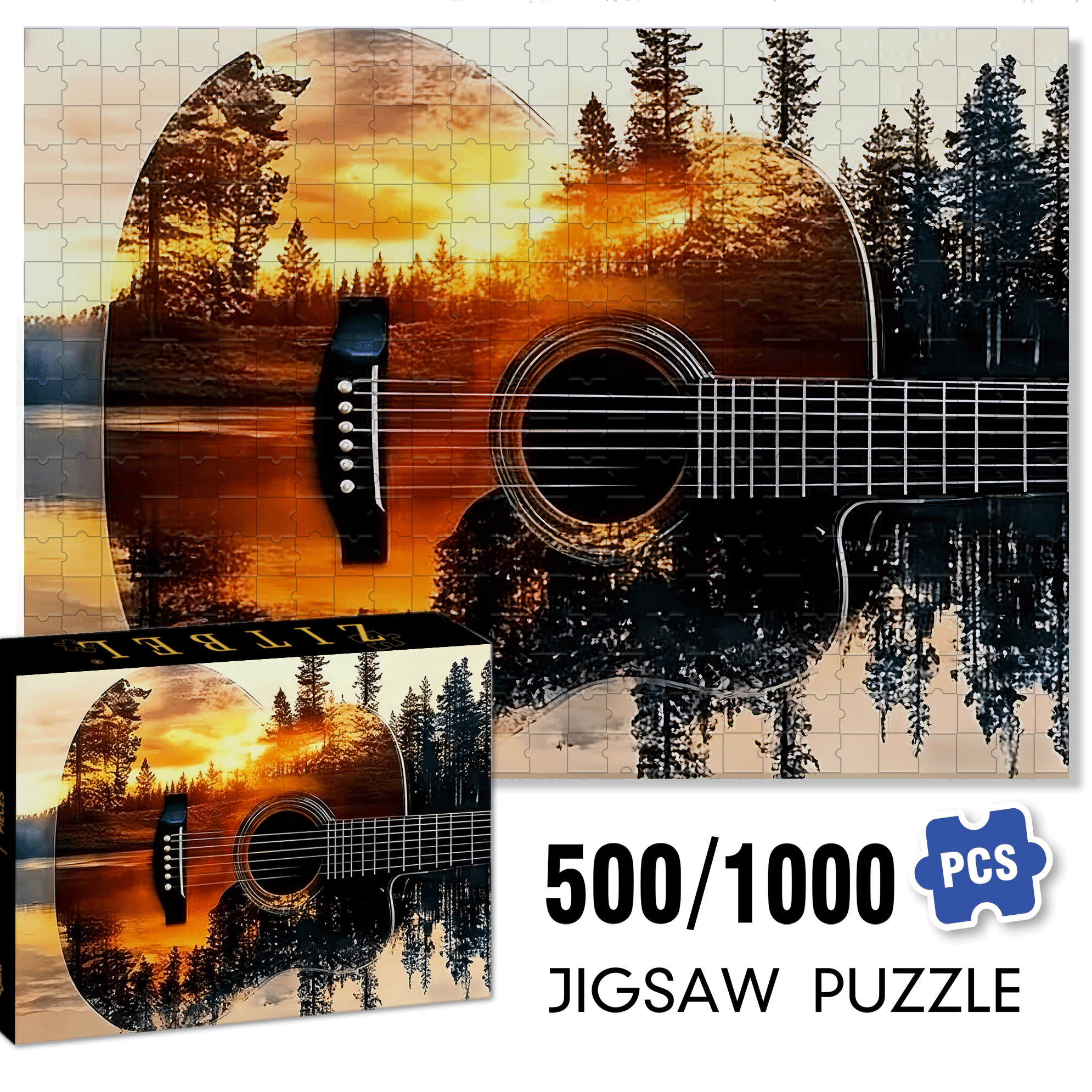 Guitar & Forest Sunset Reflection 500pcs/1000pcs Jigsaw Puzzle, Scratch-Resistant, Interactive Family Game & Brain-Boosting DIY Decor, Perfect for Halloween, Christmas & New Year Gifts, Family Puzzle Game