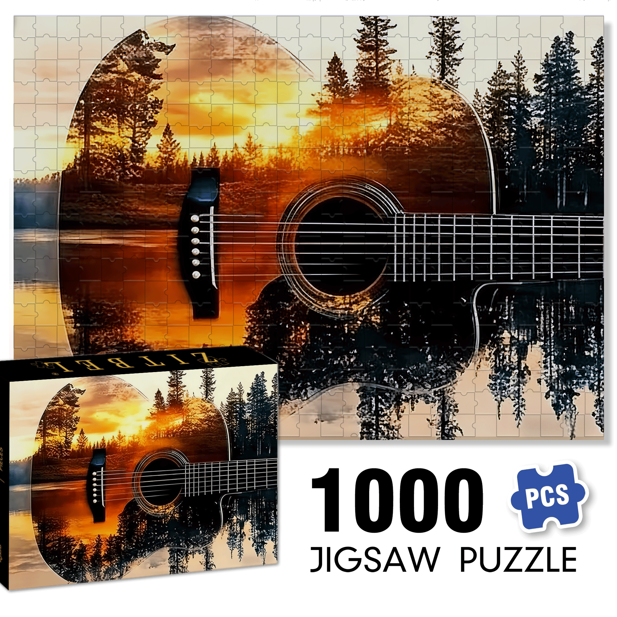 Guitar & Forest Sunset Reflection 500pcs/1000pcs Jigsaw Puzzle, Scratch-Resistant, Interactive Family Game & Brain-Boosting DIY Decor, Perfect for Halloween, Christmas & New Year Gifts, Family Puzzle Game