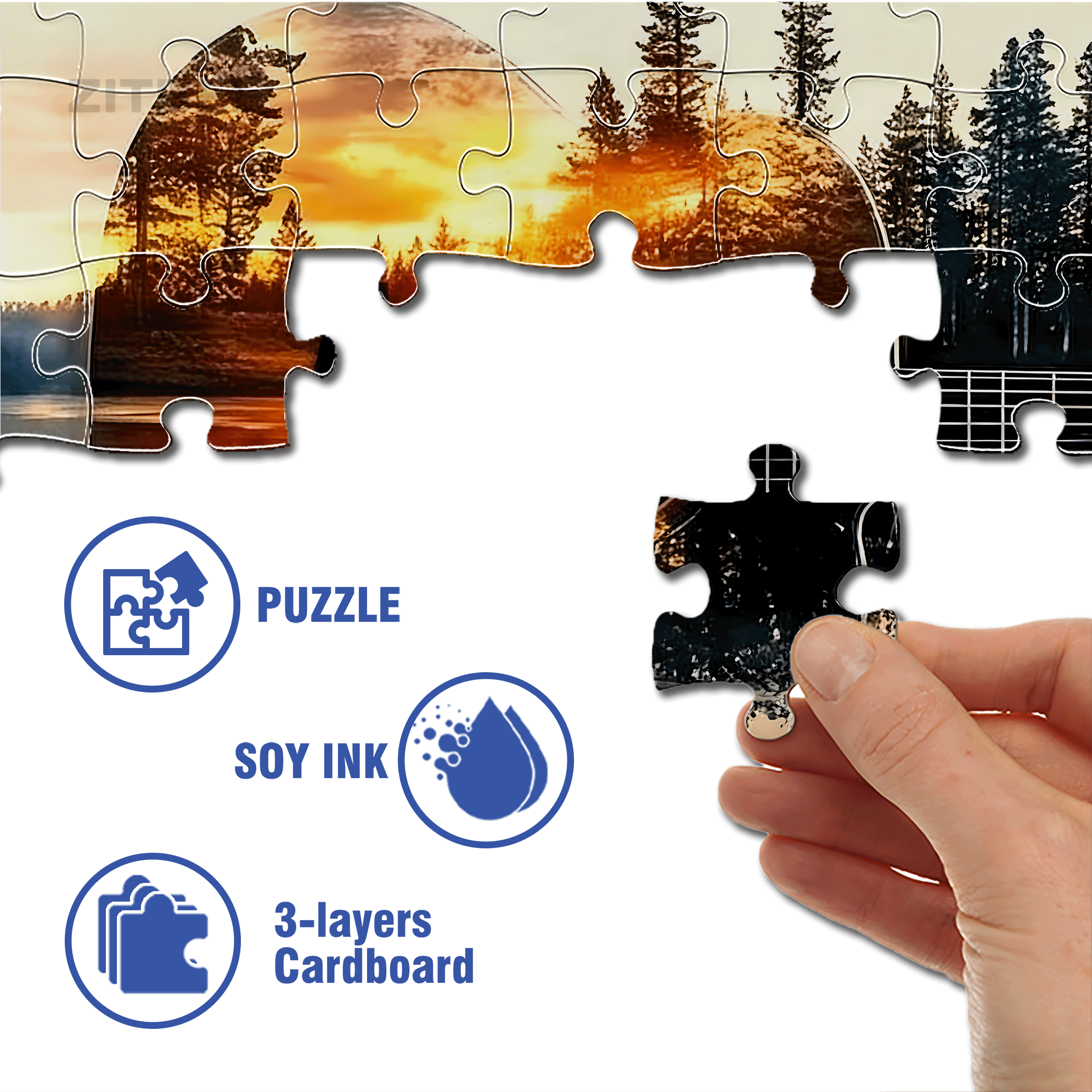 Guitar & Forest Sunset Reflection 500pcs/1000pcs Jigsaw Puzzle, Scratch-Resistant, Interactive Family Game & Brain-Boosting DIY Decor, Perfect for Halloween, Christmas & New Year Gifts, Family Puzzle Game