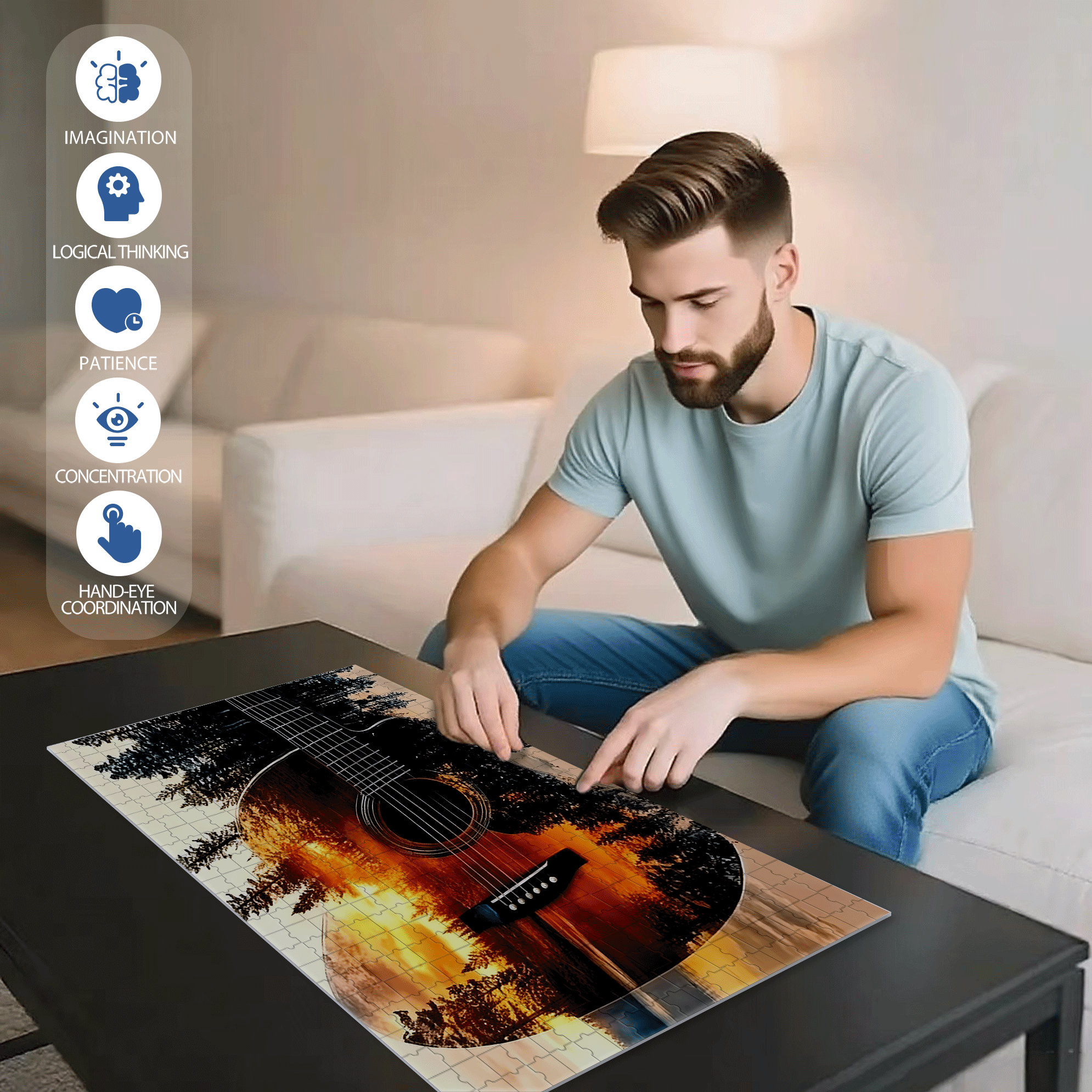 Guitar & Forest Sunset Reflection 500pcs/1000pcs Jigsaw Puzzle, Scratch-Resistant, Interactive Family Game & Brain-Boosting DIY Decor, Perfect for Halloween, Christmas & New Year Gifts, Family Puzzle Game