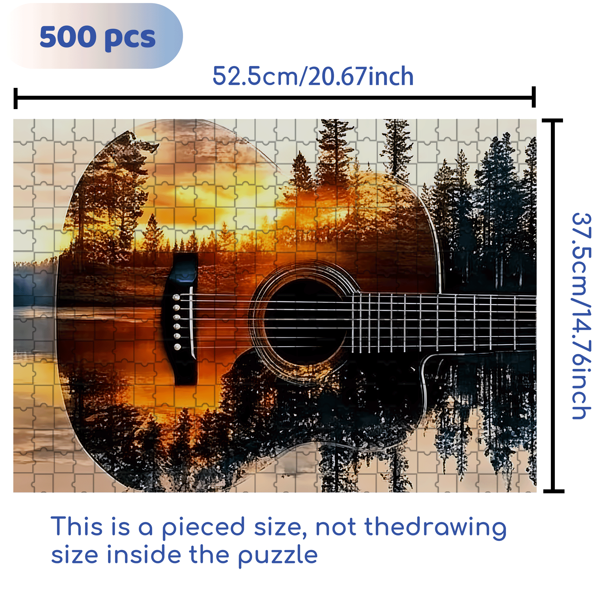 Guitar & Forest Sunset Reflection 500pcs/1000pcs Jigsaw Puzzle, Scratch-Resistant, Interactive Family Game & Brain-Boosting DIY Decor, Perfect for Halloween, Christmas & New Year Gifts, Family Puzzle Game