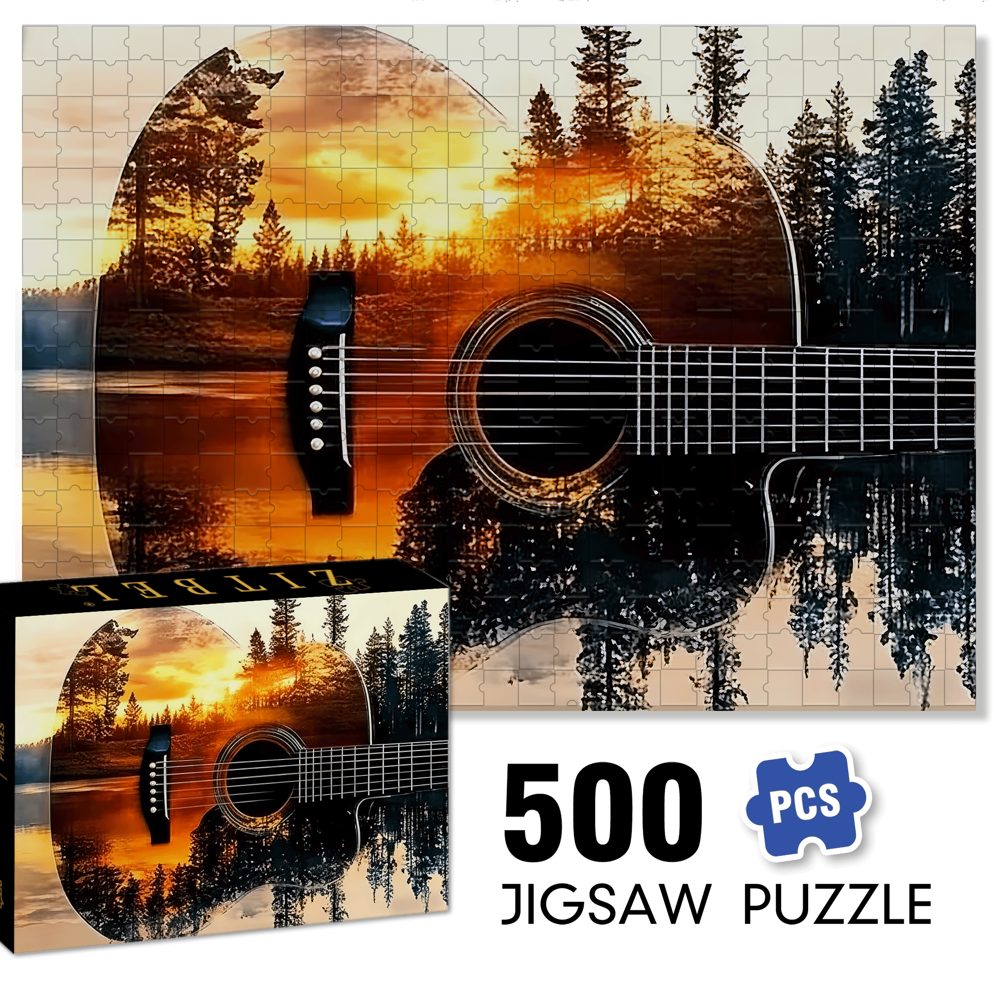 Guitar & Forest Sunset Reflection 500pcs/1000pcs Jigsaw Puzzle, Scratch-Resistant, Interactive Family Game & Brain-Boosting DIY Decor, Perfect for Halloween, Christmas & New Year Gifts, Family Puzzle Game