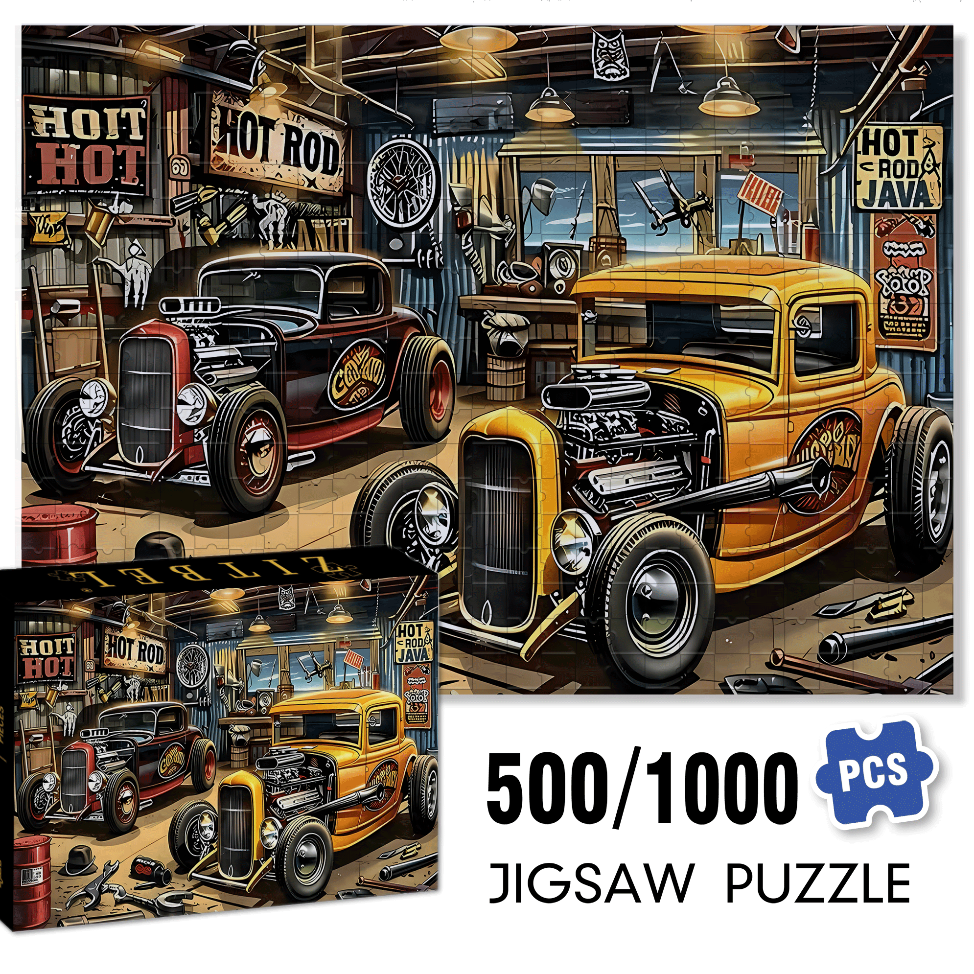 Hot Rod 500pcs/1000pcs Jigsaw Puzzle, Scratch-Resistant, Interactive Family Game & Brain-Boosting DIY Decor, Perfect for Halloween, Christmas & New Year Gifts, Family Puzzle Game