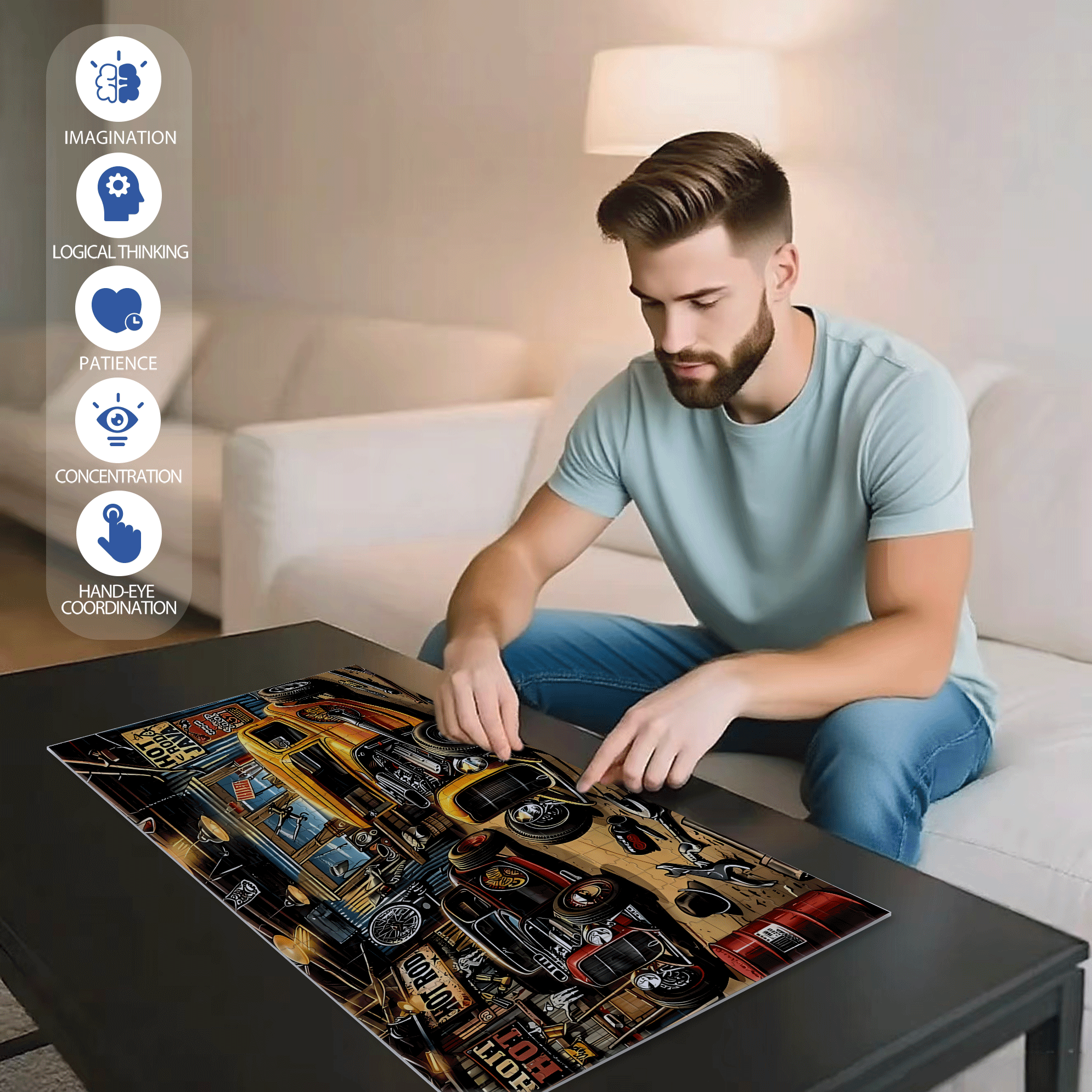 Hot Rod 500pcs/1000pcs Jigsaw Puzzle, Scratch-Resistant, Interactive Family Game & Brain-Boosting DIY Decor, Perfect for Halloween, Christmas & New Year Gifts, Family Puzzle Game