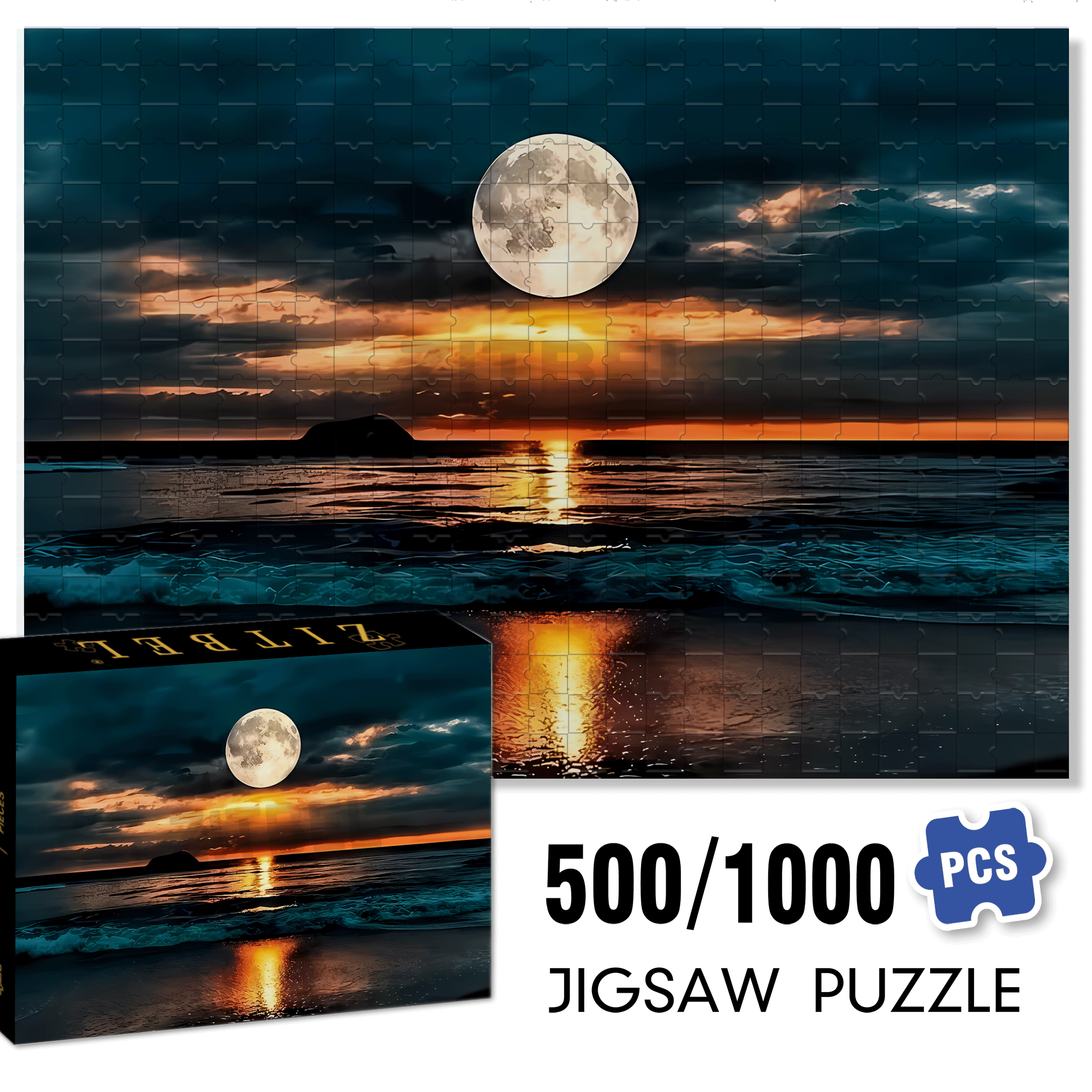 Moonlight Beach Sunset Golden Brown Horizon 500pcs/1000pcs Jigsaw Puzzle, Scratch-Resistant, Interactive Family Game & Brain-Boosting DIY Decor, Perfect for Halloween, Christmas & New Year Gifts, Family Puzzle Game