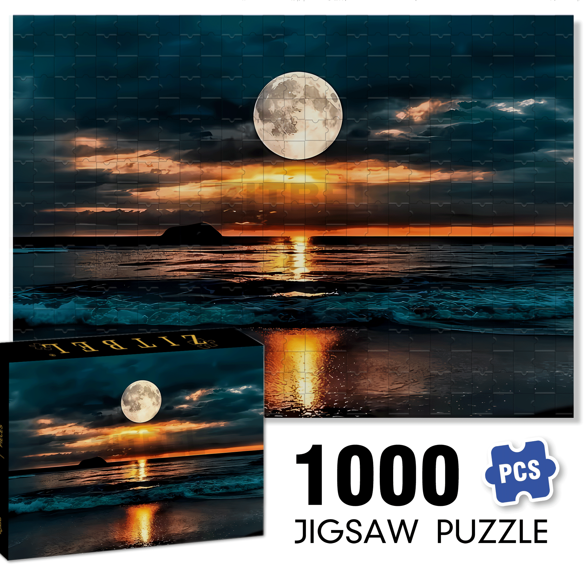 Moonlight Beach Sunset Golden Brown Horizon 500pcs/1000pcs Jigsaw Puzzle, Scratch-Resistant, Interactive Family Game & Brain-Boosting DIY Decor, Perfect for Halloween, Christmas & New Year Gifts, Family Puzzle Game