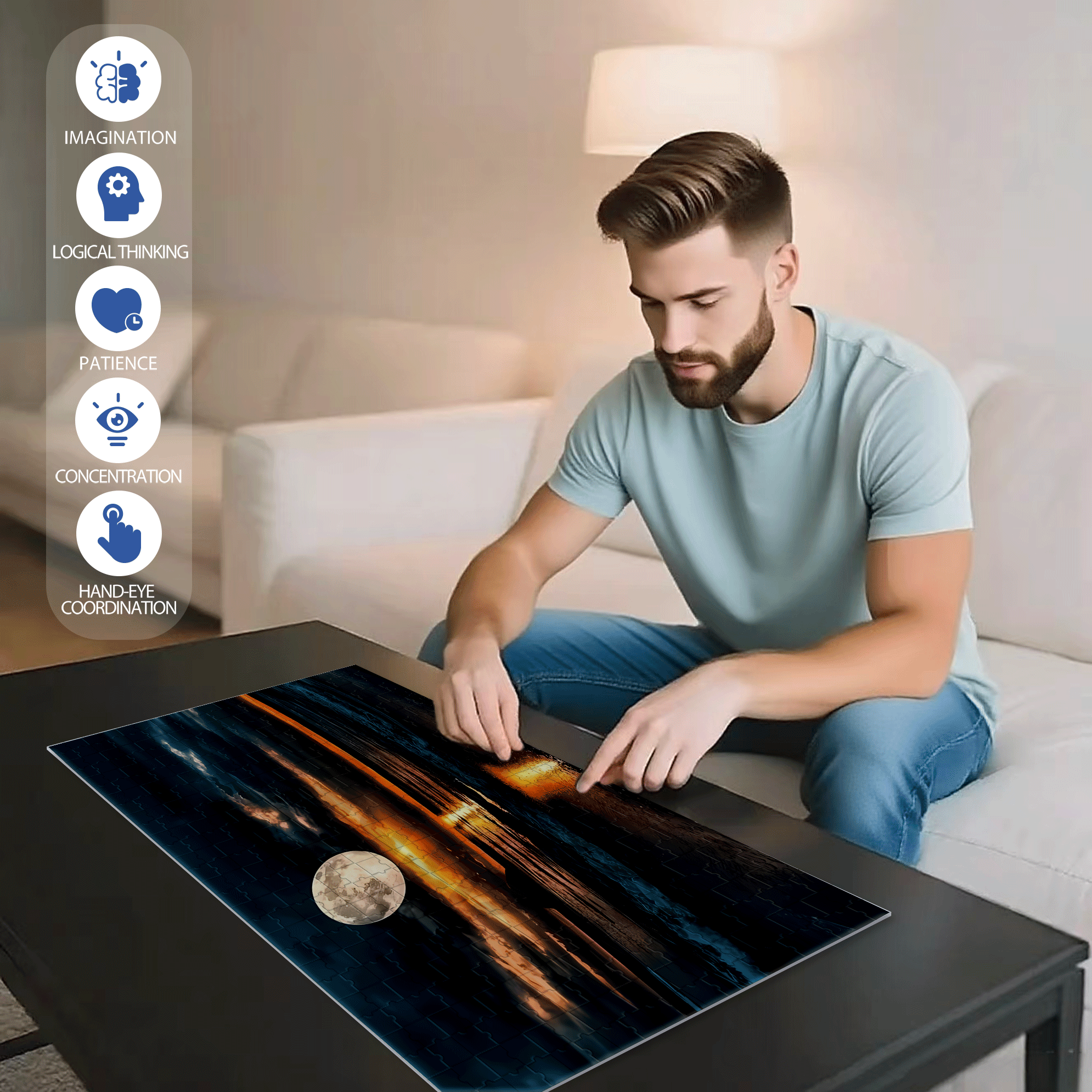 Moonlight Beach Sunset Golden Brown Horizon 500pcs/1000pcs Jigsaw Puzzle, Scratch-Resistant, Interactive Family Game & Brain-Boosting DIY Decor, Perfect for Halloween, Christmas & New Year Gifts, Family Puzzle Game