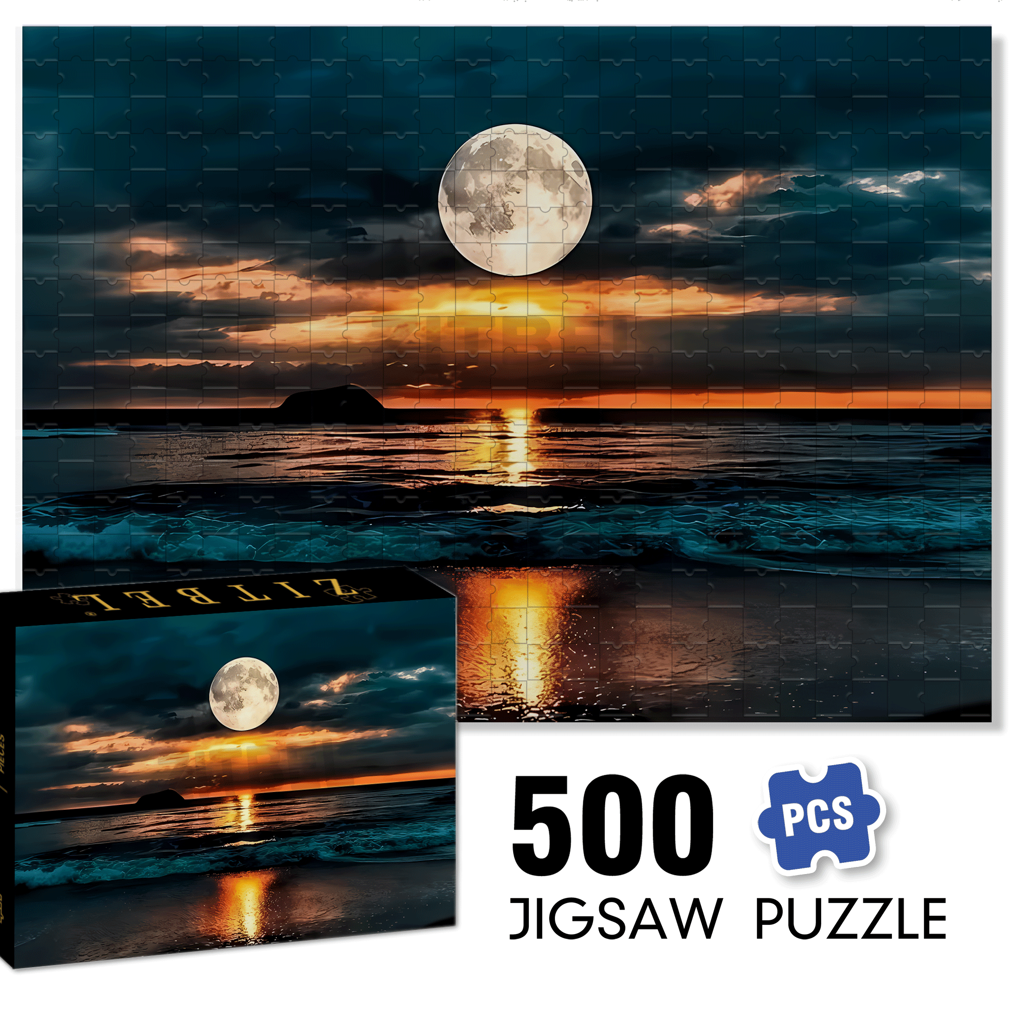 Moonlight Beach Sunset Golden Brown Horizon 500pcs/1000pcs Jigsaw Puzzle, Scratch-Resistant, Interactive Family Game & Brain-Boosting DIY Decor, Perfect for Halloween, Christmas & New Year Gifts, Family Puzzle Game