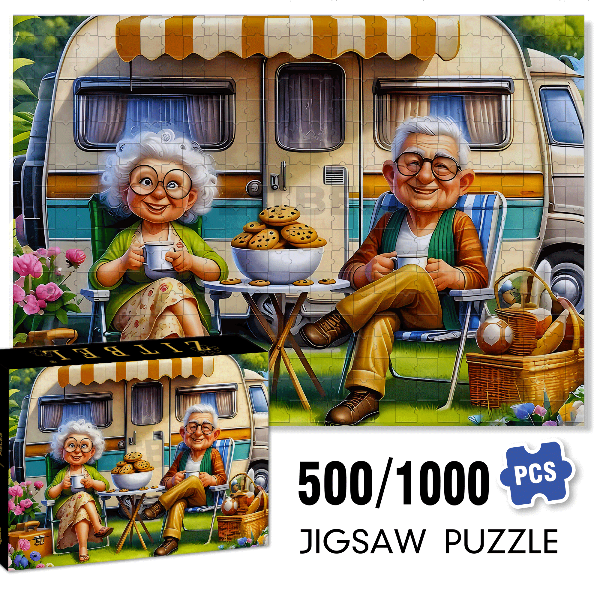 Old Couple's Camping Day 500pcs/1000pcs Jigsaw Puzzle, Scratch-Resistant, Interactive Family Game & Brain-Boosting DIY Decor, Perfect for Halloween, Christmas & New Year Gifts, Family Puzzle Game