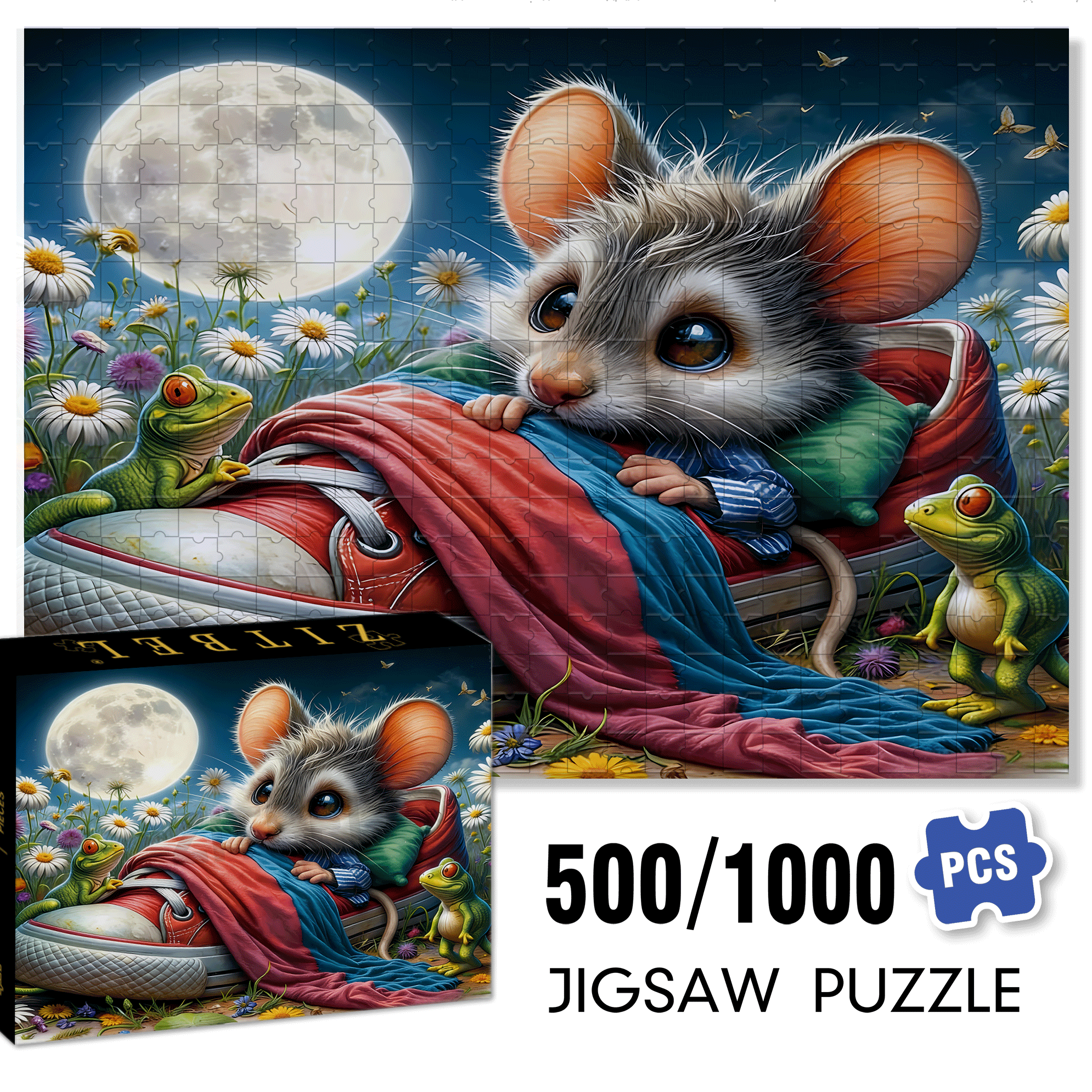 Whimsical Mouse Under the Moon 500pcs/1000pcs Jigsaw Puzzle, Scratch-Resistant, Interactive Family Game & Brain-Boosting DIY Decor, Perfect for Halloween, Christmas & New Year Gifts, Family Puzzle Game