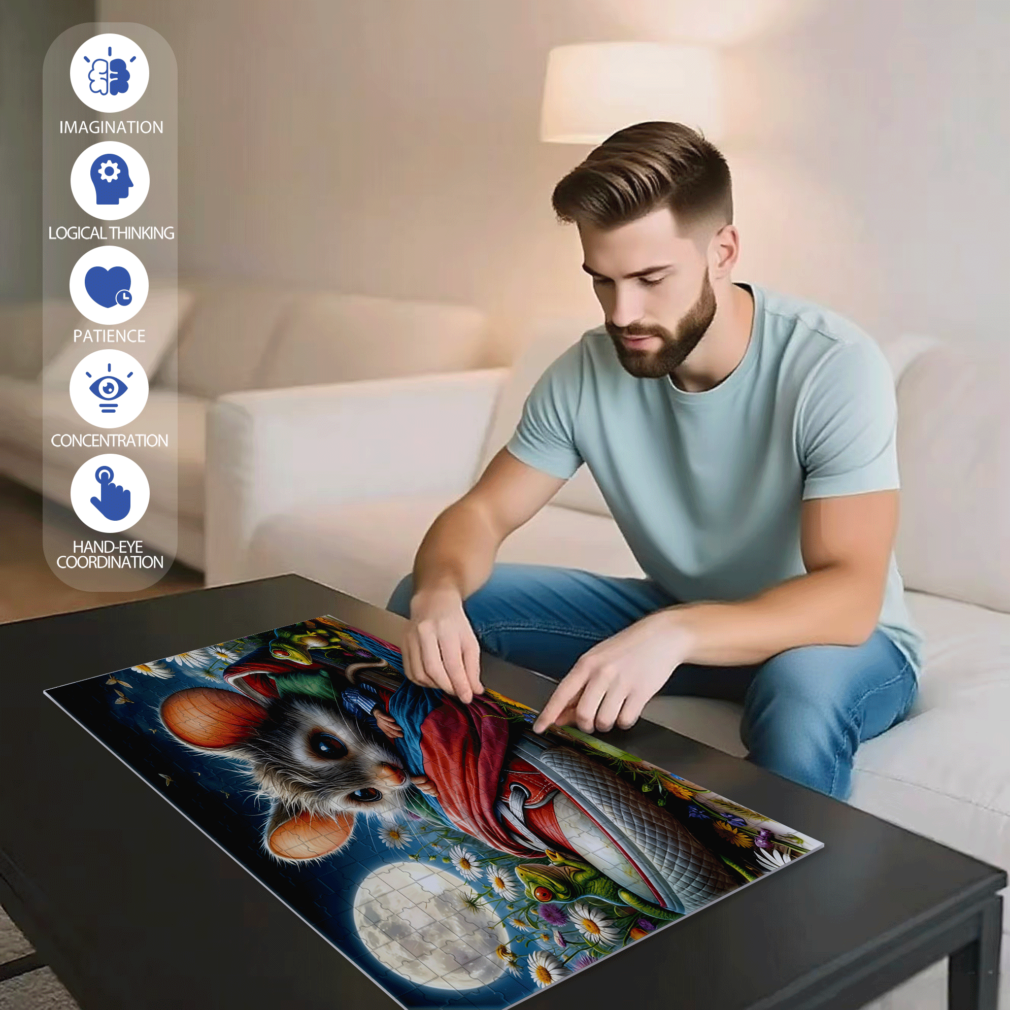 Whimsical Mouse Under the Moon 500pcs/1000pcs Jigsaw Puzzle, Scratch-Resistant, Interactive Family Game & Brain-Boosting DIY Decor, Perfect for Halloween, Christmas & New Year Gifts, Family Puzzle Game