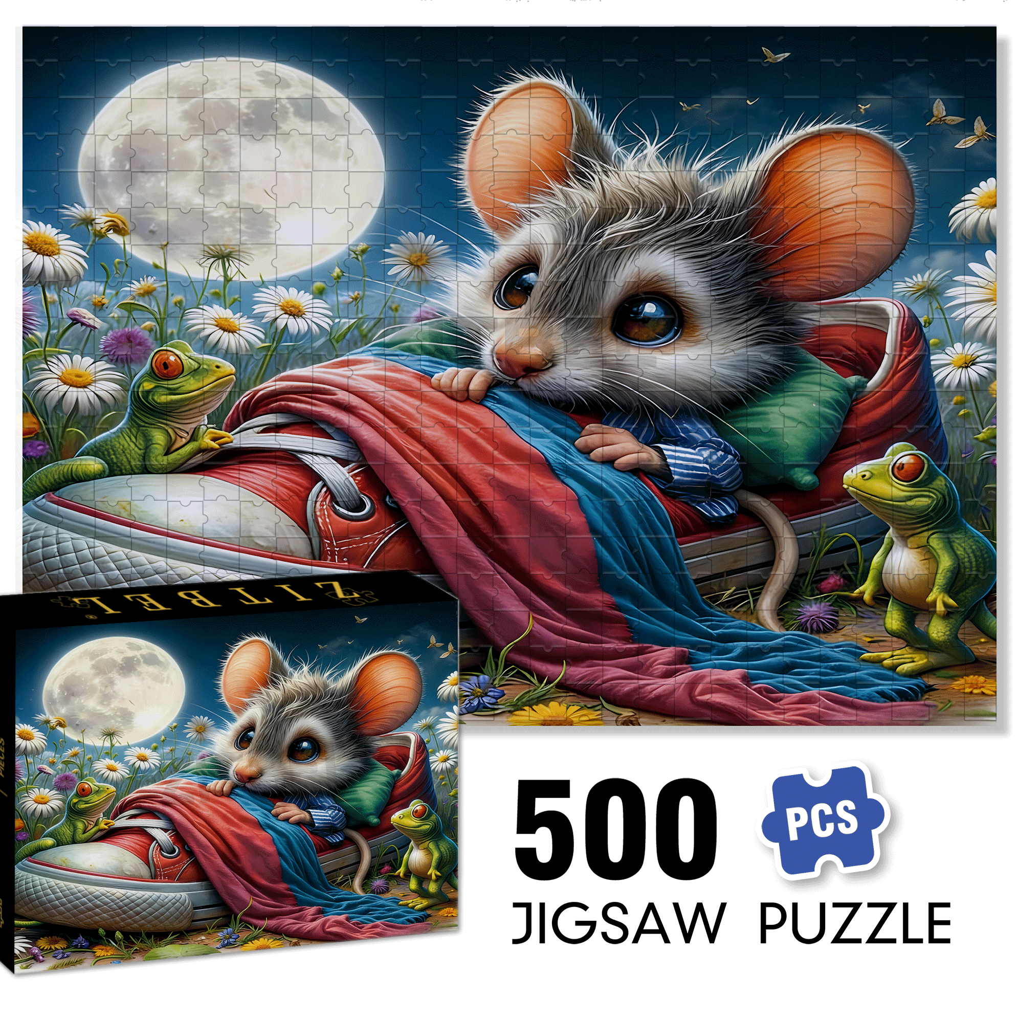 Whimsical Mouse Under the Moon 500pcs/1000pcs Jigsaw Puzzle, Scratch-Resistant, Interactive Family Game & Brain-Boosting DIY Decor, Perfect for Halloween, Christmas & New Year Gifts, Family Puzzle Game