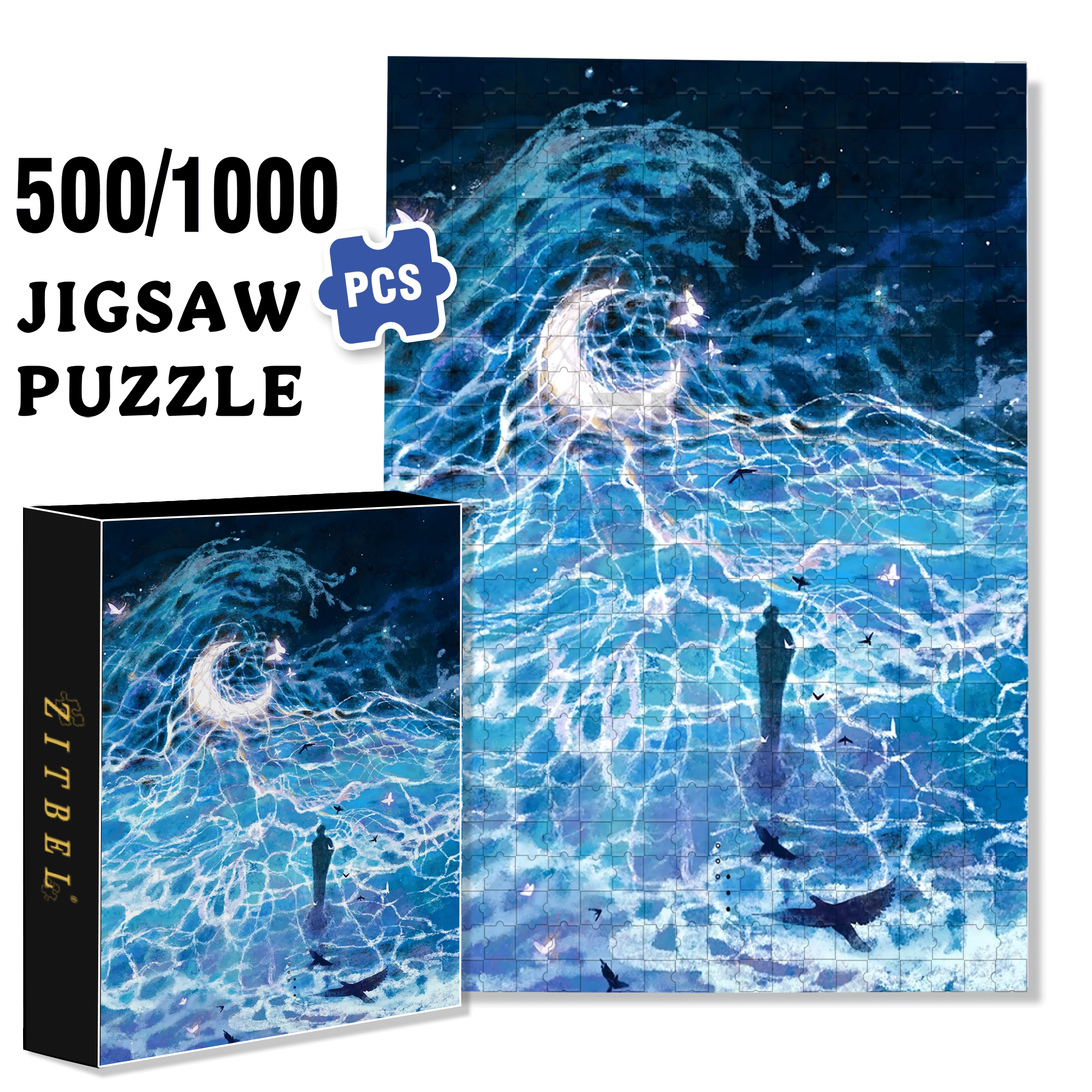 Butterflies and the Moon 500pcs/1000pcs Jigsaw Puzzle, Scratch-Resistant, Interactive Family Game & Brain-Boosting DIY Decor, Perfect for Halloween, Christmas & New Year Gifts, Family Puzzle Game