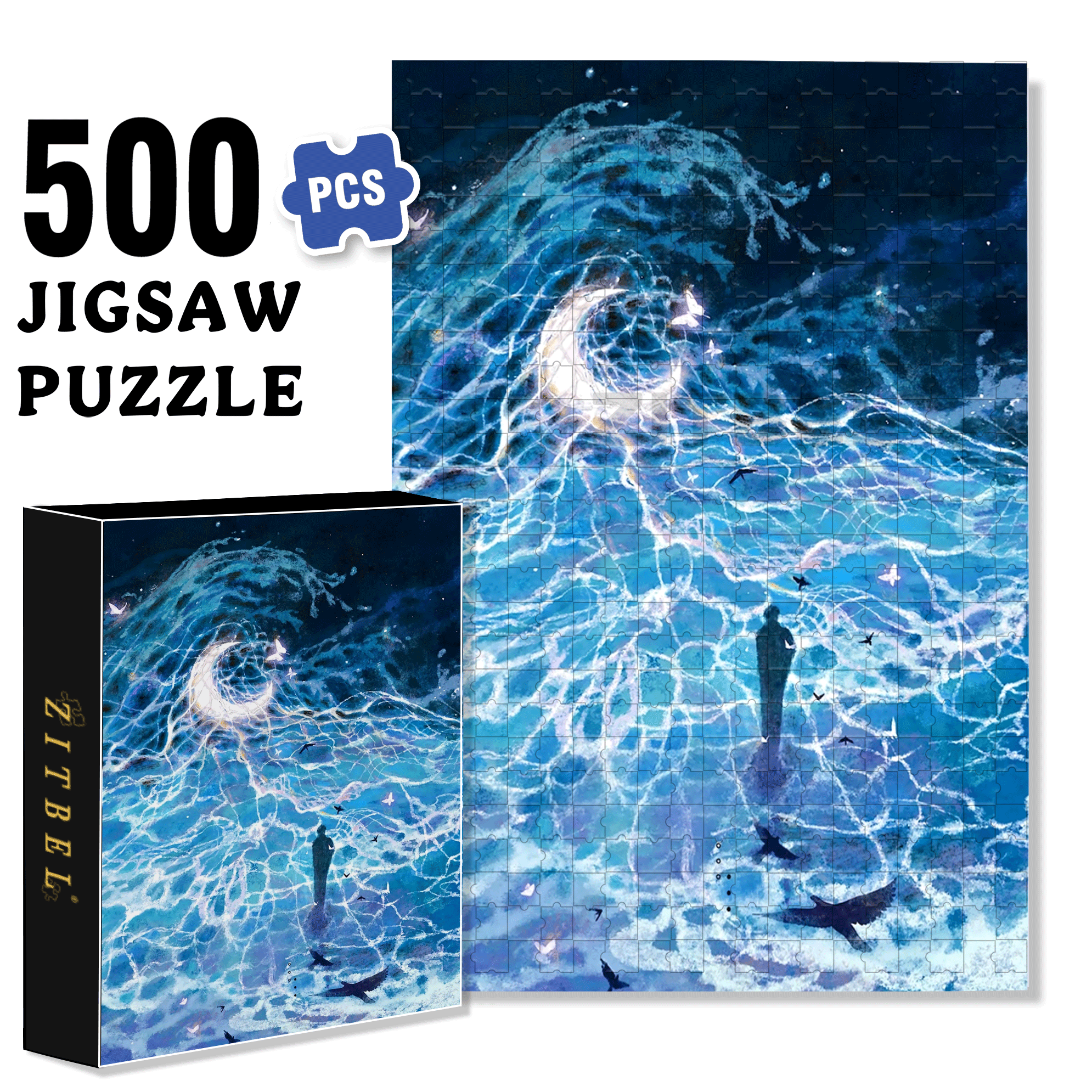 Butterflies and the Moon 500pcs/1000pcs Jigsaw Puzzle, Scratch-Resistant, Interactive Family Game & Brain-Boosting DIY Decor, Perfect for Halloween, Christmas & New Year Gifts, Family Puzzle Game