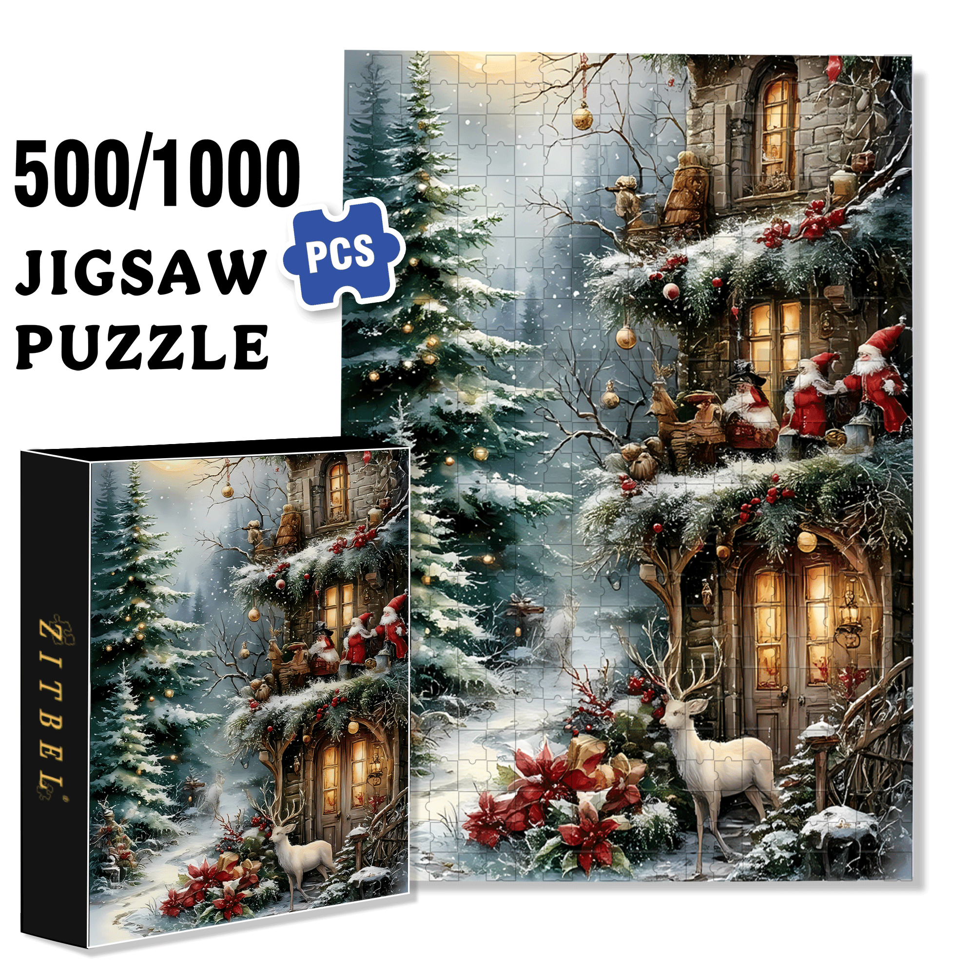 Christmas Reindeer 500pcs/1000pcs Jigsaw Puzzle, Scratch-Resistant, Interactive Family Game & Brain-Boosting DIY Decor, Perfect for Halloween, Christmas & New Year Gifts, Family Puzzle Game