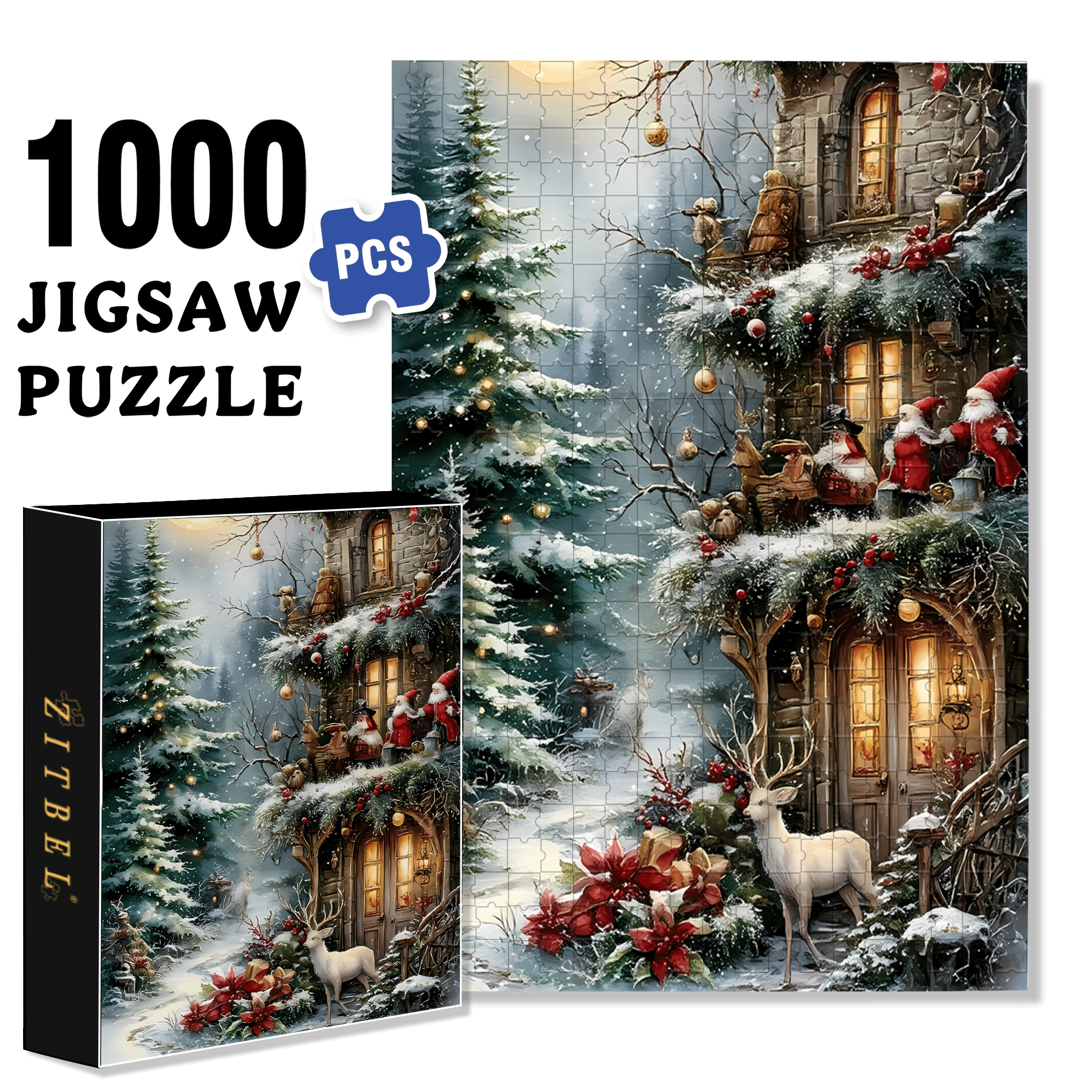 Christmas Reindeer 500pcs/1000pcs Jigsaw Puzzle, Scratch-Resistant, Interactive Family Game & Brain-Boosting DIY Decor, Perfect for Halloween, Christmas & New Year Gifts, Family Puzzle Game