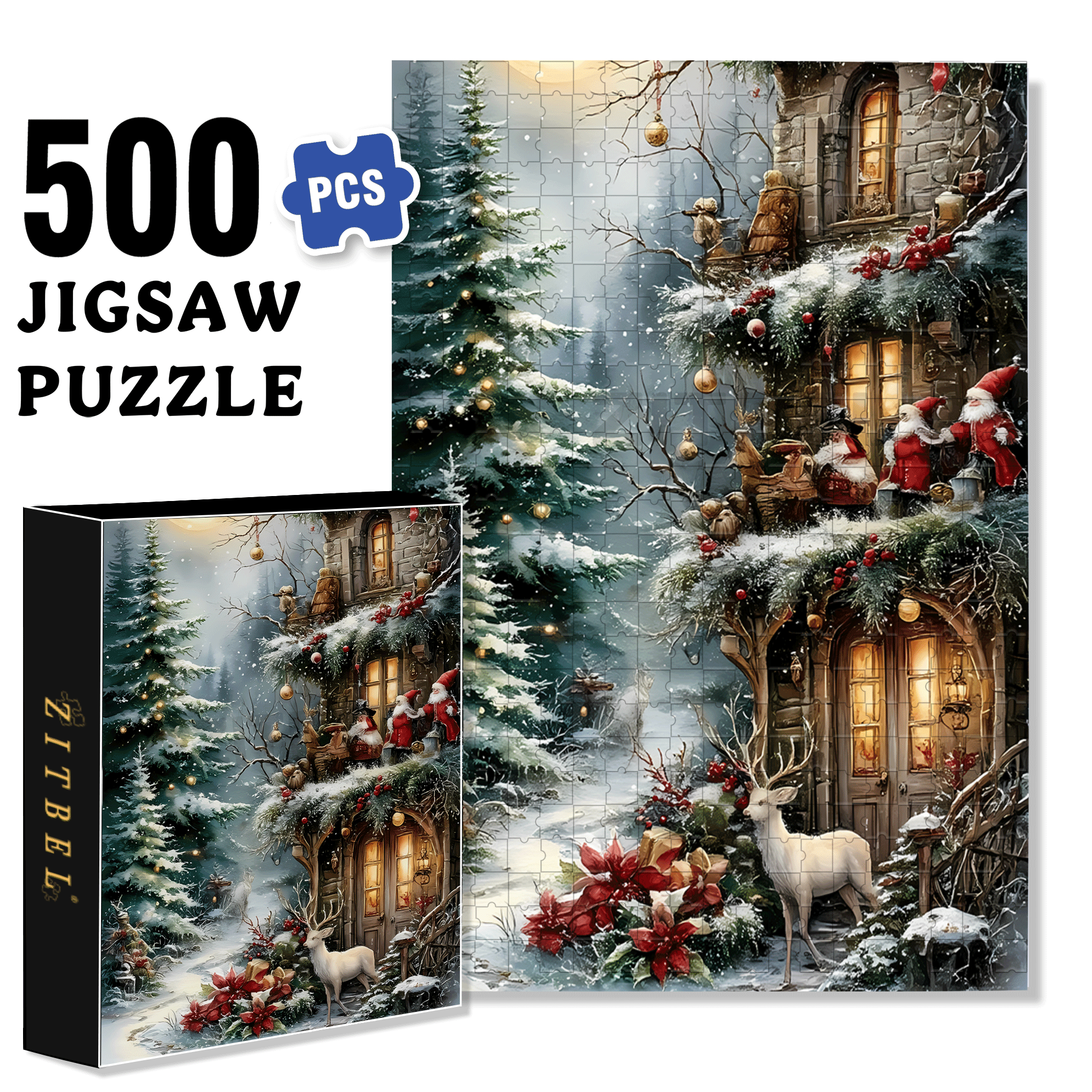 Christmas Reindeer 500pcs/1000pcs Jigsaw Puzzle, Scratch-Resistant, Interactive Family Game & Brain-Boosting DIY Decor, Perfect for Halloween, Christmas & New Year Gifts, Family Puzzle Game