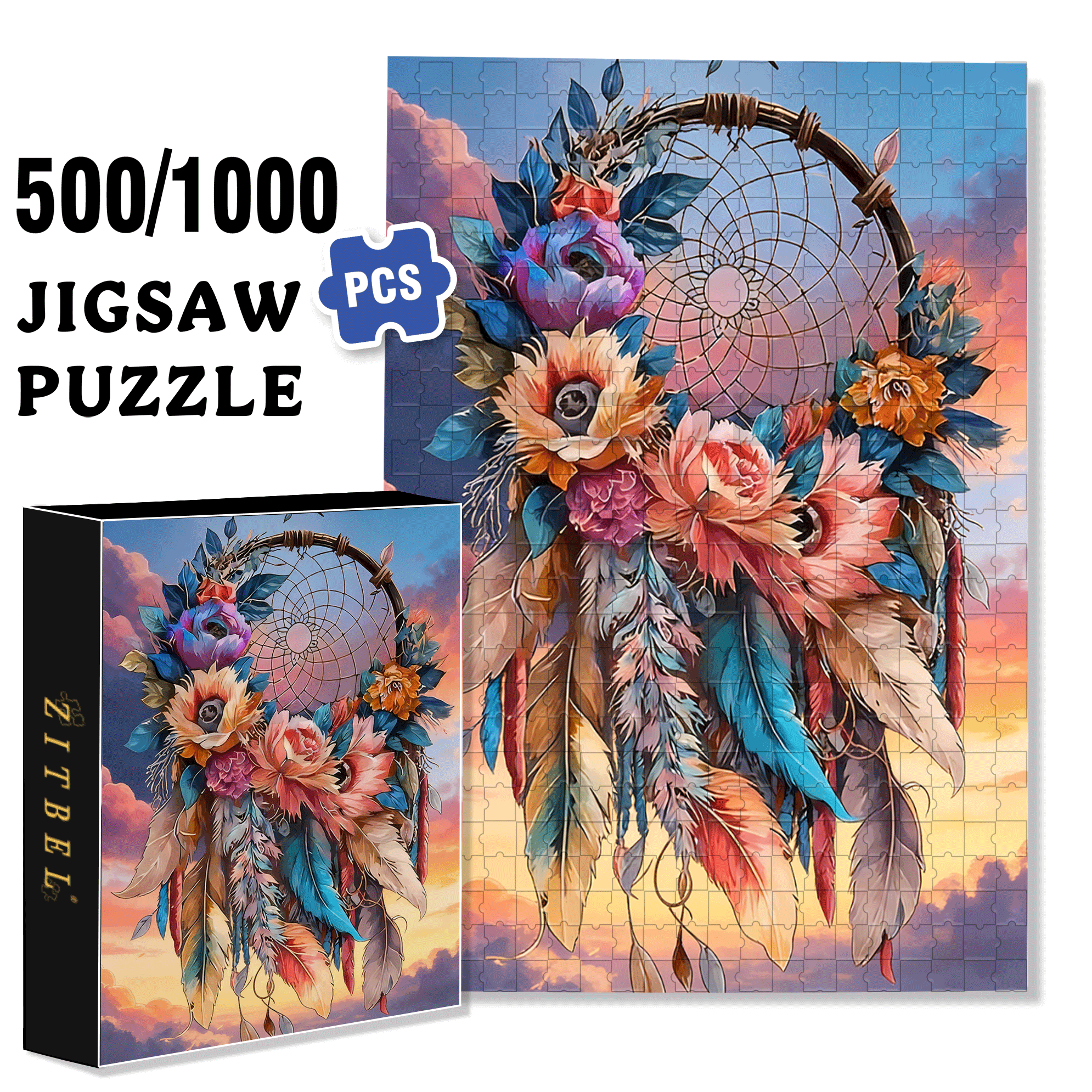 Flower Dreamcatcher 500pcs/1000pcs Jigsaw Puzzle, Scratch-Resistant, Interactive Family Game & Brain-Boosting DIY Decor, Perfect for Halloween, Christmas & New Year Gifts, Family Puzzle Game