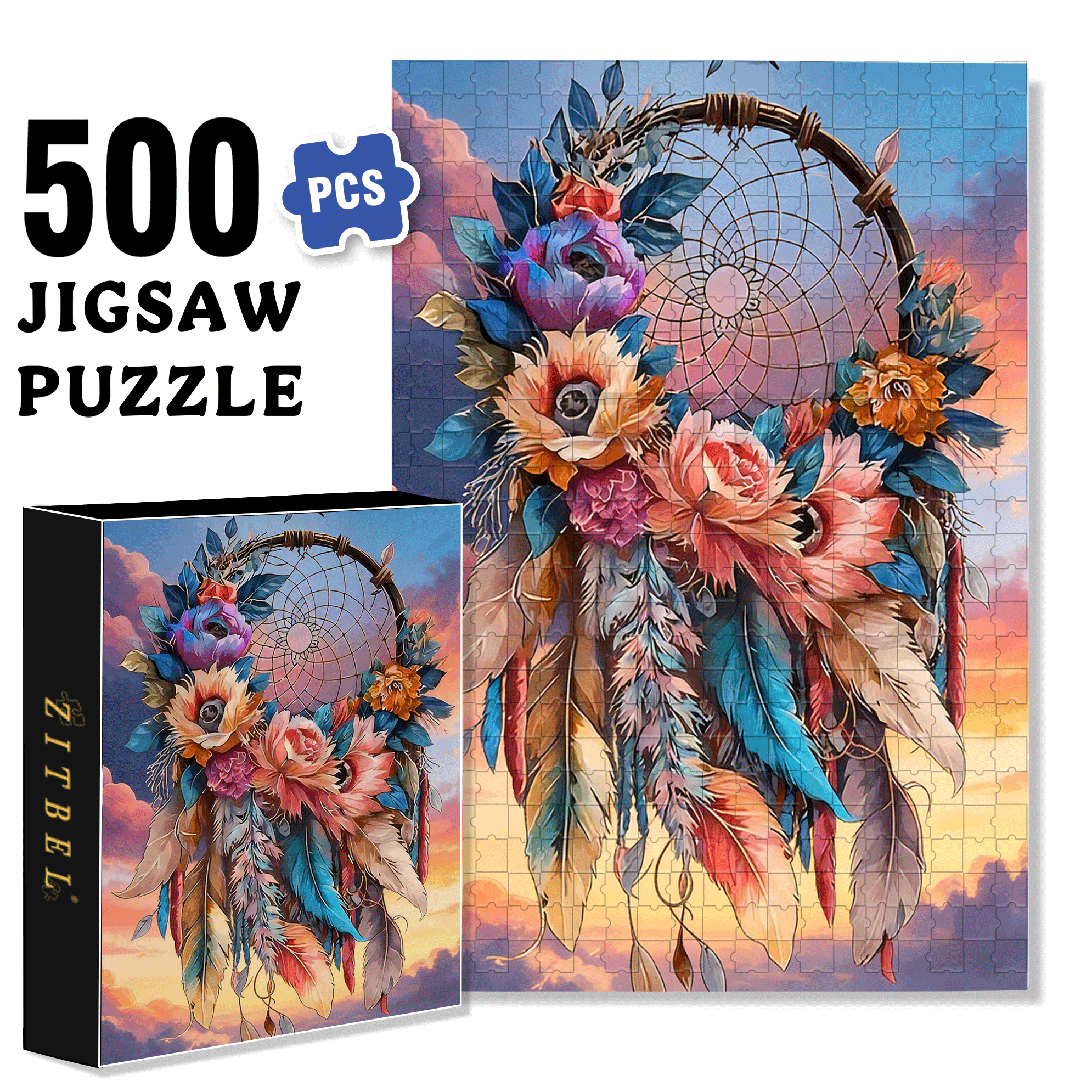 Flower Dreamcatcher 500pcs/1000pcs Jigsaw Puzzle, Scratch-Resistant, Interactive Family Game & Brain-Boosting DIY Decor, Perfect for Halloween, Christmas & New Year Gifts, Family Puzzle Game
