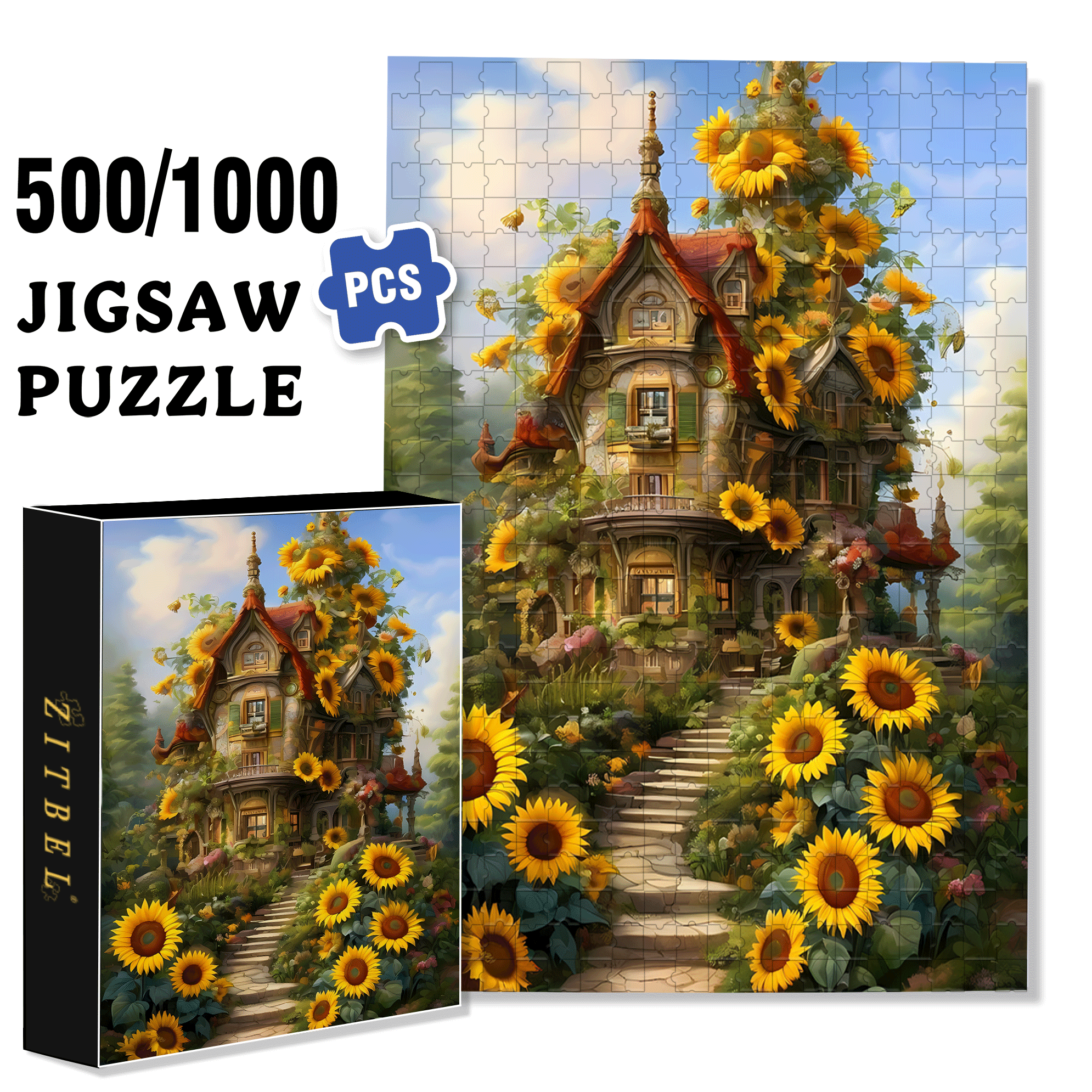 Sunflower Cabin 500pcs/1000pcs Jigsaw Puzzle, Scratch-Resistant, Interactive Family Game & Brain-Boosting DIY Decor, Perfect for Halloween, Christmas & New Year Gifts, Family Puzzle Game