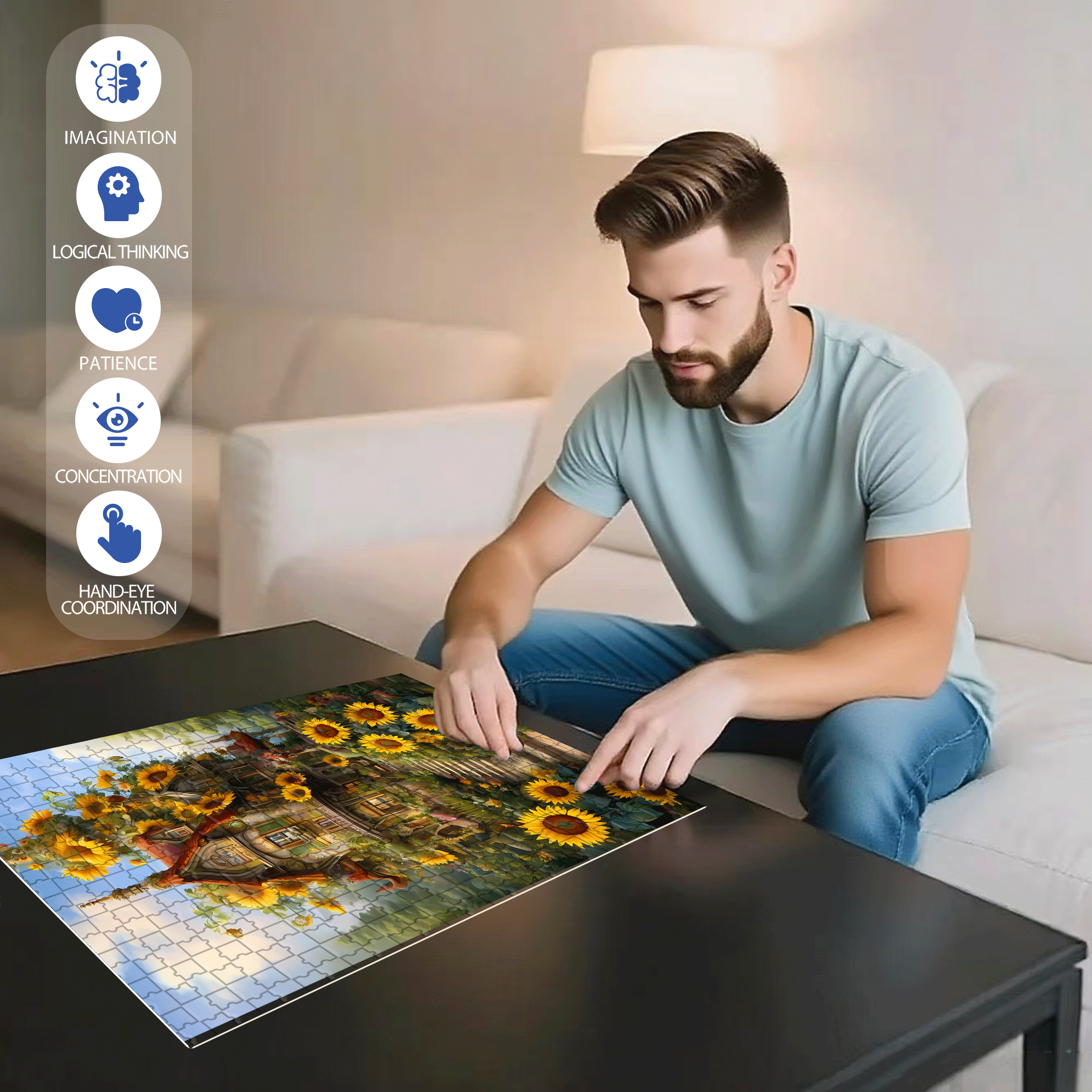 Sunflower Cabin 500pcs/1000pcs Jigsaw Puzzle, Scratch-Resistant, Interactive Family Game & Brain-Boosting DIY Decor, Perfect for Halloween, Christmas & New Year Gifts, Family Puzzle Game