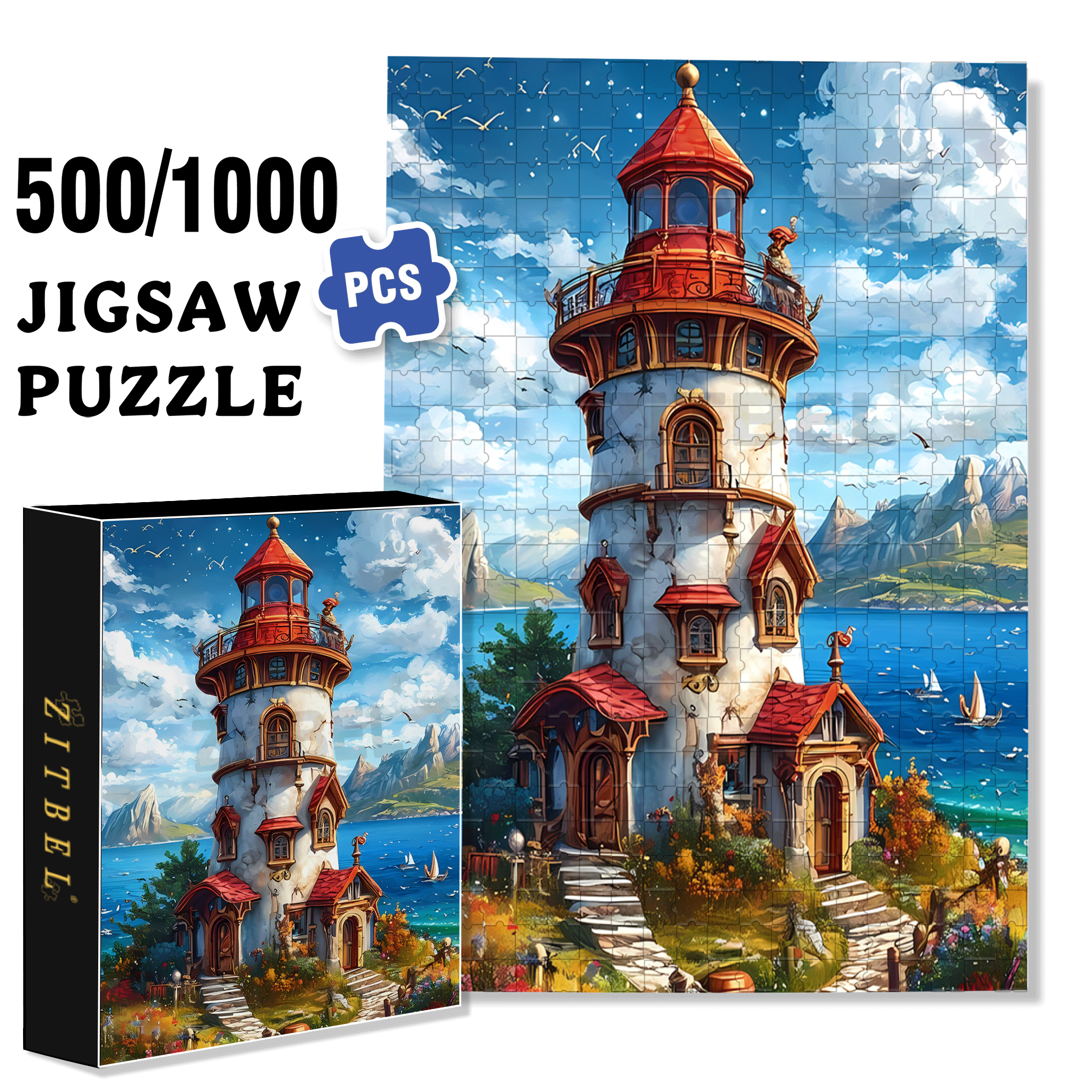 The Lighthouse In The Dream 500pcs/1000pcs Jigsaw Puzzle, Scratch-Resistant, Interactive Family Game & Brain-Boosting DIY Decor, Perfect for Halloween, Christmas & New Year Gifts, Family Puzzle Game
