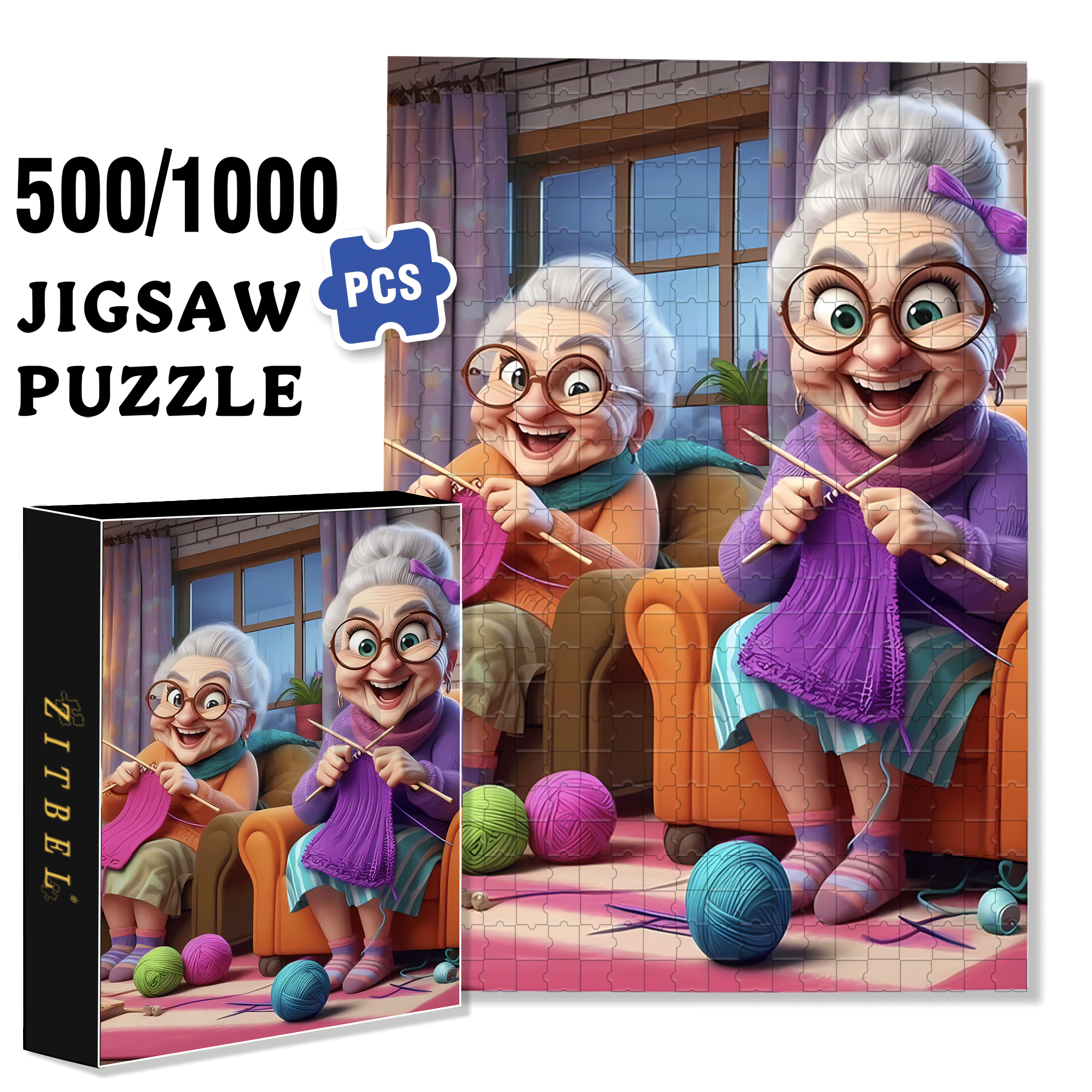 The Old Lady And The Ball Of Yarn 500pcs/1000pcs Jigsaw Puzzle, Scratch-Resistant, Interactive Family Game & Brain-Boosting DIY Decor, Perfect for Halloween, Christmas & New Year Gifts, Family Puzzle Game
