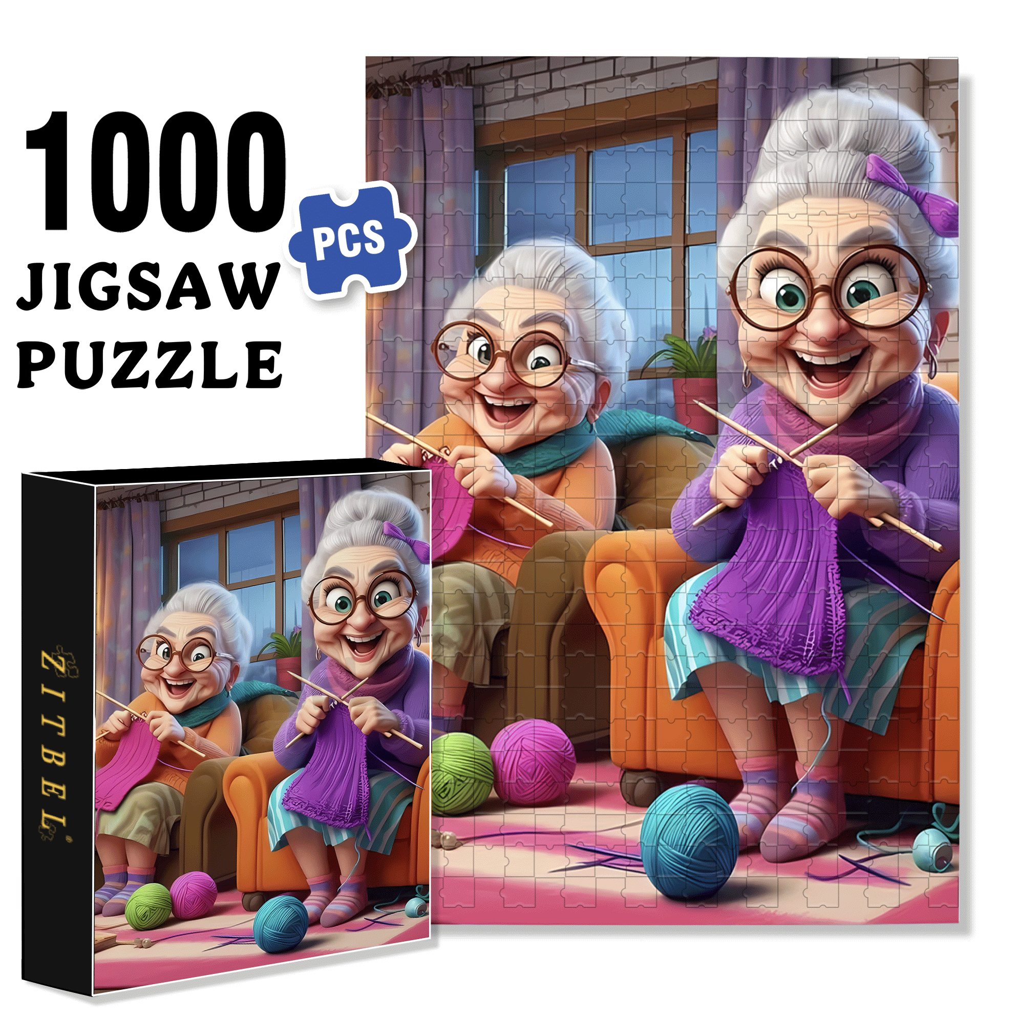 The Old Lady And The Ball Of Yarn 500pcs/1000pcs Jigsaw Puzzle, Scratch-Resistant, Interactive Family Game & Brain-Boosting DIY Decor, Perfect for Halloween, Christmas & New Year Gifts, Family Puzzle Game