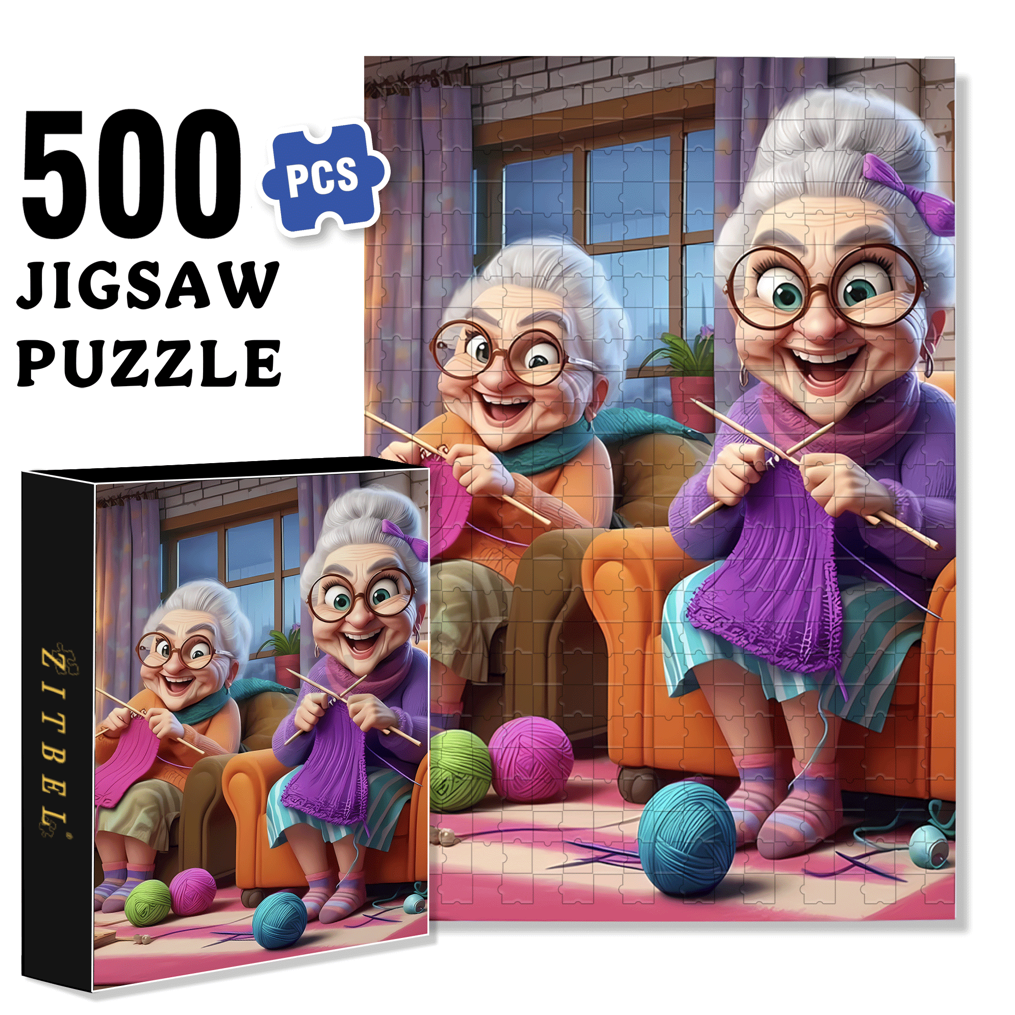 The Old Lady And The Ball Of Yarn 500pcs/1000pcs Jigsaw Puzzle, Scratch-Resistant, Interactive Family Game & Brain-Boosting DIY Decor, Perfect for Halloween, Christmas & New Year Gifts, Family Puzzle Game