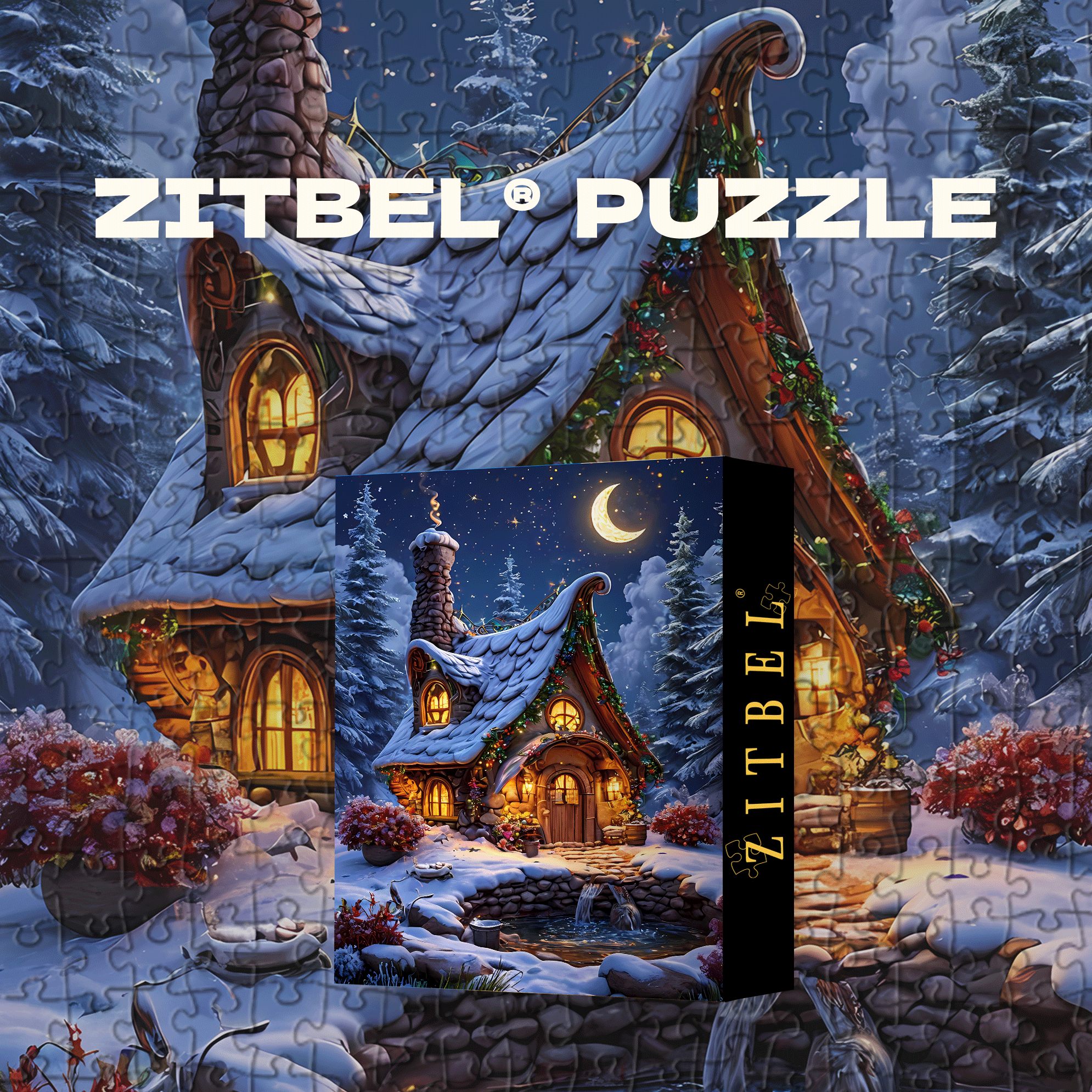 Snow-covered House Under The Moonlight 500pcs/1000pcs Jigsaw Puzzle, Scratch-Resistant, Interactive Family Game & Brain-Boosting DIY Decor, Perfect for Halloween, Christmas & New Year Gifts, Family Puzzle Game