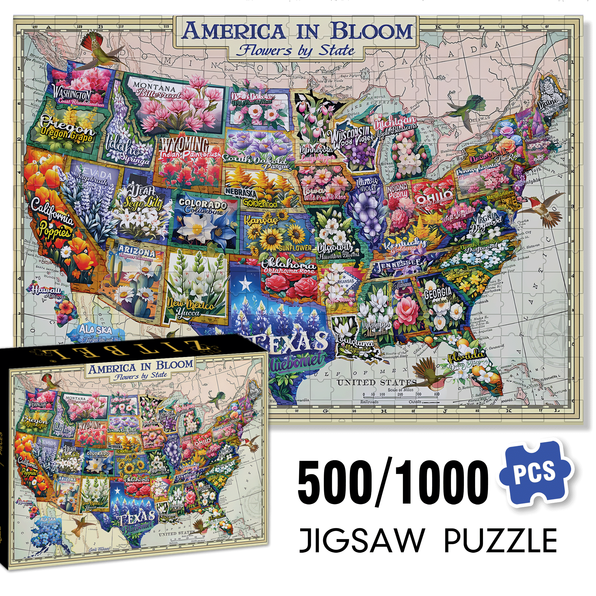 America In Bloom 500pcs/1000pcs Jigsaw Puzzle, Scratch-Resistant, Interactive Family Game & Brain-Boosting DIY Decor, Perfect for Halloween, Christmas & New Year Gifts, Family Puzzle Game