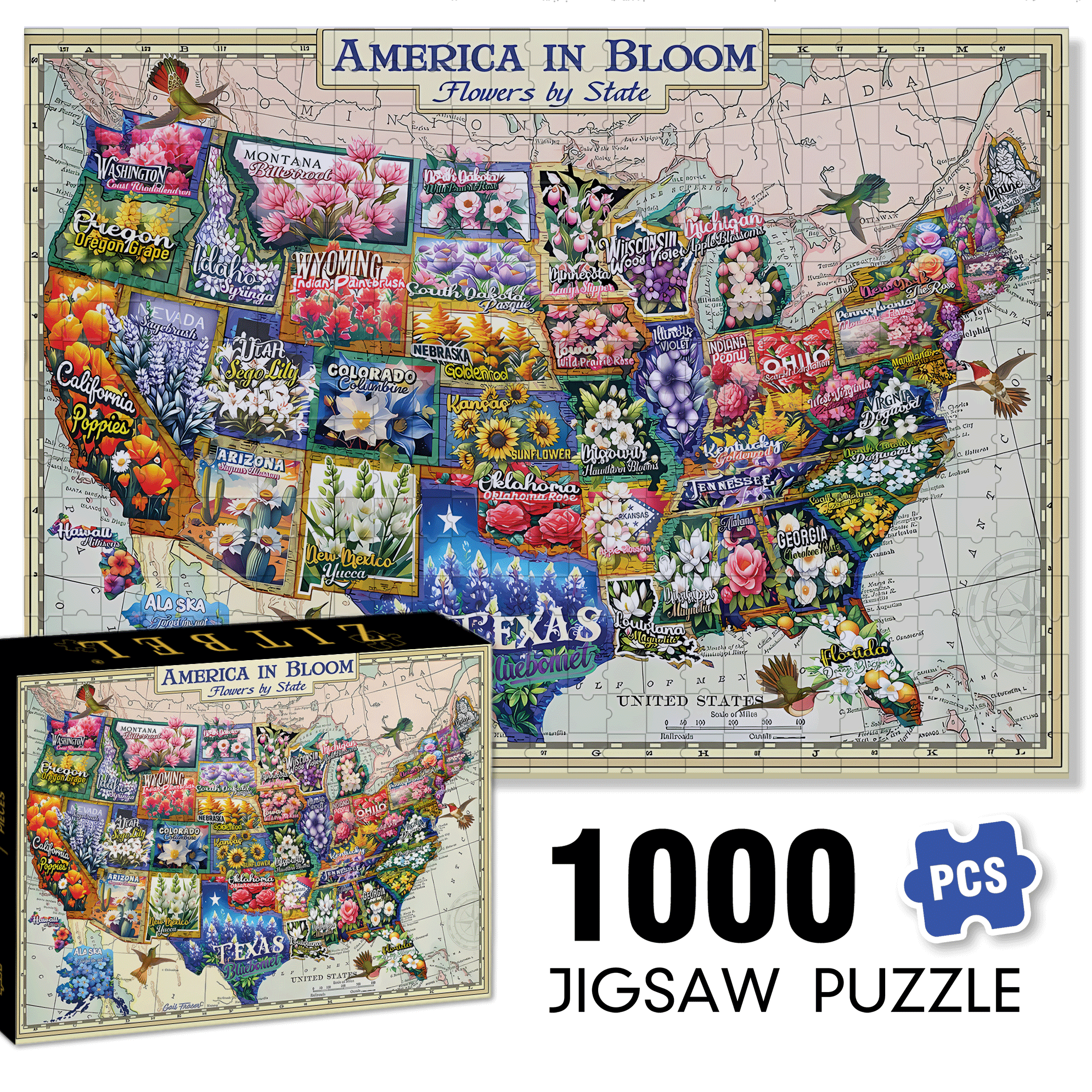 America In Bloom 500pcs/1000pcs Jigsaw Puzzle, Scratch-Resistant, Interactive Family Game & Brain-Boosting DIY Decor, Perfect for Halloween, Christmas & New Year Gifts, Family Puzzle Game