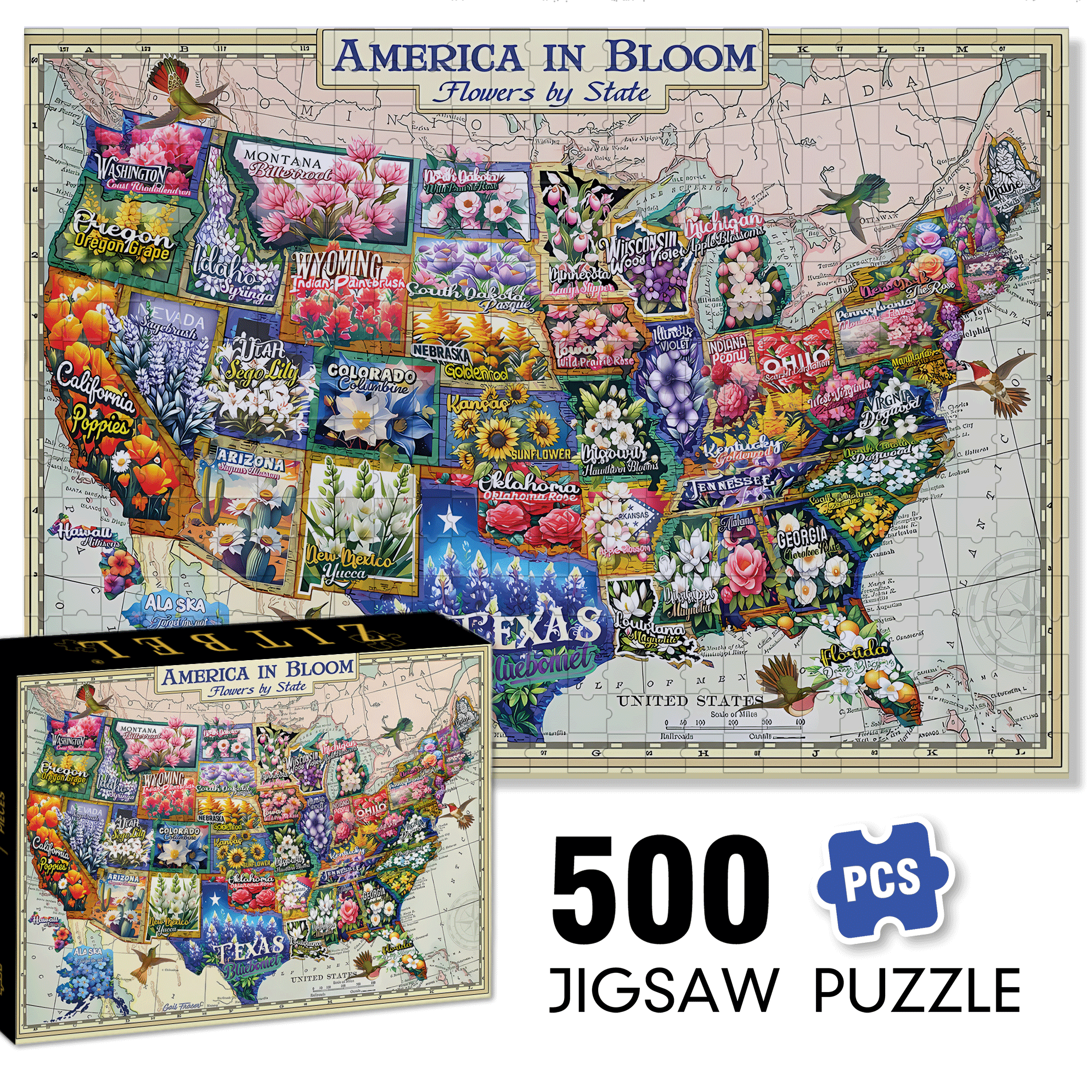 America In Bloom 500pcs/1000pcs Jigsaw Puzzle, Scratch-Resistant, Interactive Family Game & Brain-Boosting DIY Decor, Perfect for Halloween, Christmas & New Year Gifts, Family Puzzle Game