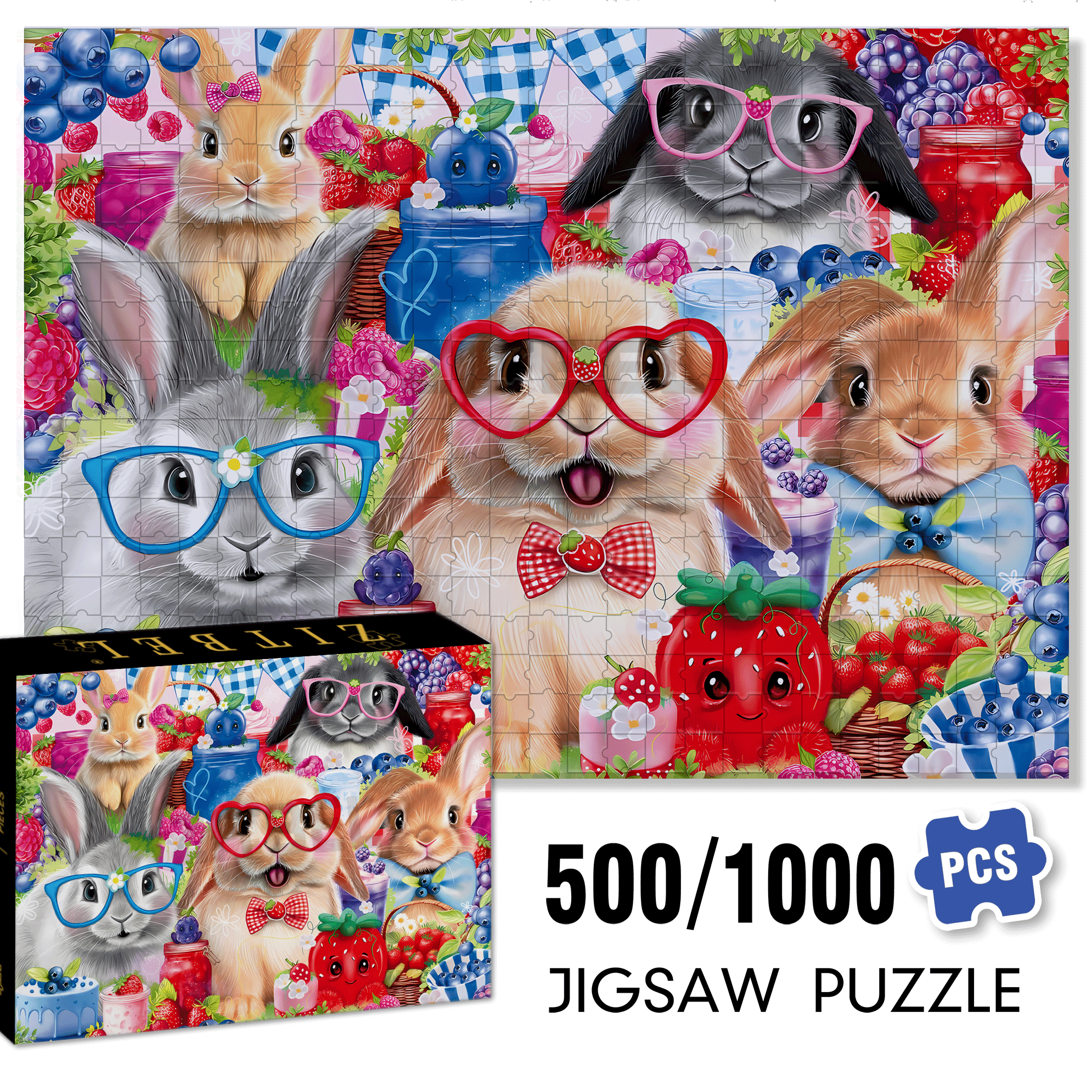 Bunnies and Berries 500pcs/1000pcs Jigsaw Puzzle, Scratch-Resistant, Interactive Family Game & Brain-Boosting DIY Decor, Perfect for Halloween, Christmas & New Year Gifts, Family Puzzle Game