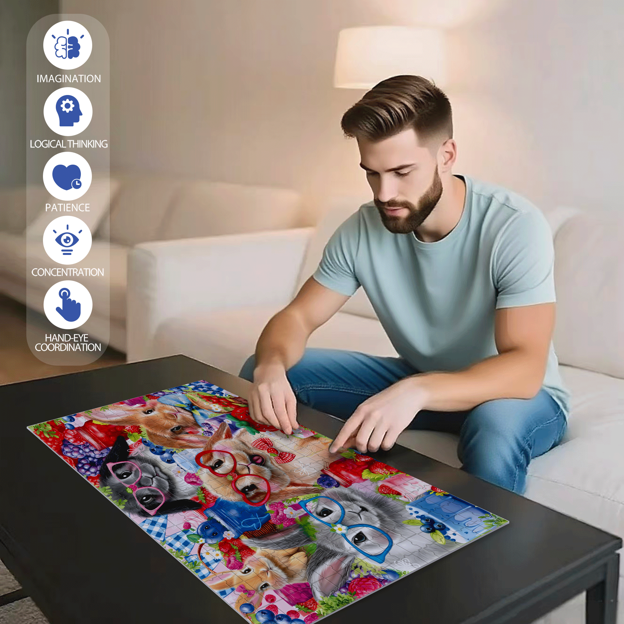 Bunnies and Berries 500pcs/1000pcs Jigsaw Puzzle, Scratch-Resistant, Interactive Family Game & Brain-Boosting DIY Decor, Perfect for Halloween, Christmas & New Year Gifts, Family Puzzle Game