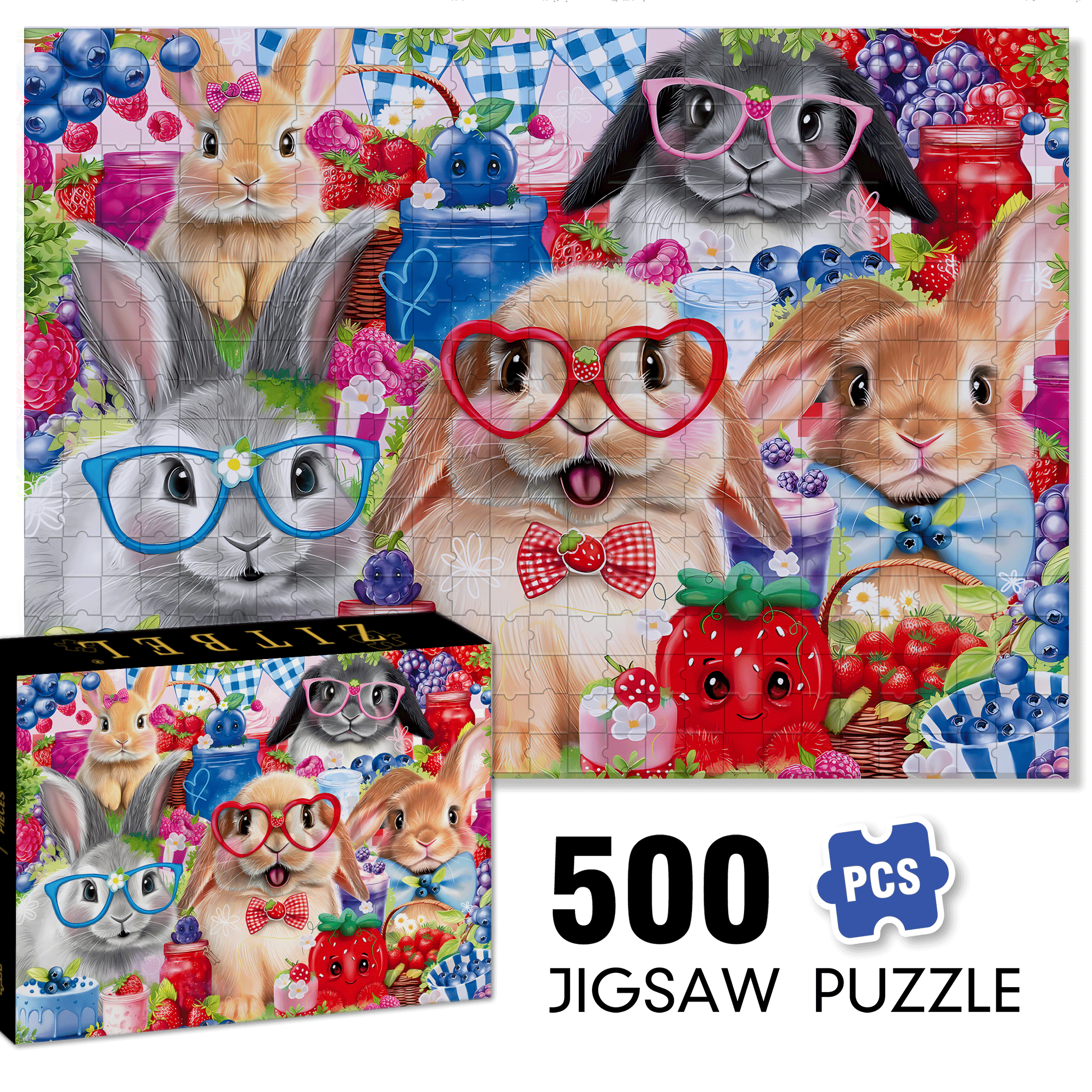 Bunnies and Berries 500pcs/1000pcs Jigsaw Puzzle, Scratch-Resistant, Interactive Family Game & Brain-Boosting DIY Decor, Perfect for Halloween, Christmas & New Year Gifts, Family Puzzle Game