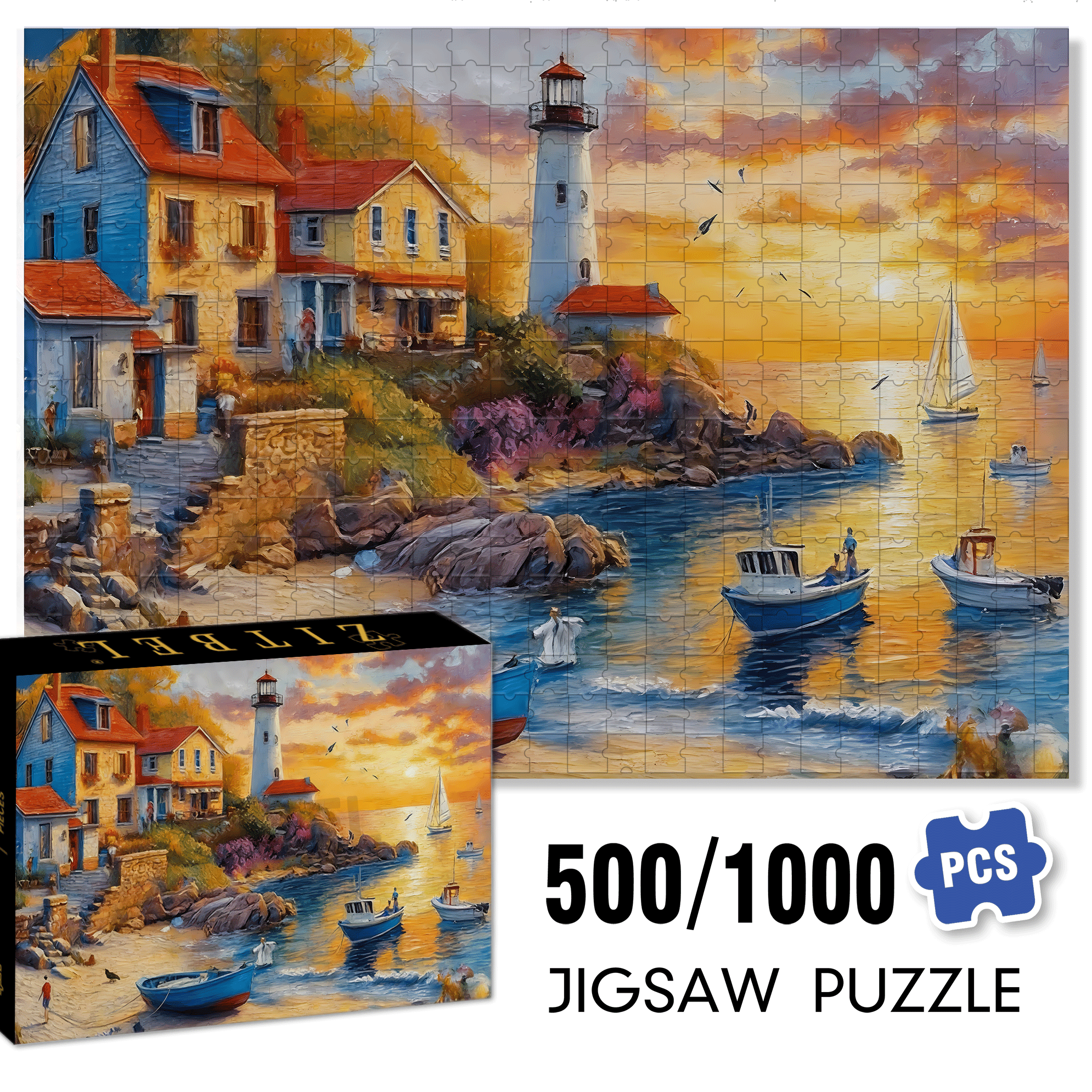 Coastal Town Beach Painting with Lighthouse 500pcs/1000pcs Jigsaw Puzzle, Scratch-Resistant, Interactive Family Game & Brain-Boosting DIY Decor, Perfect for Halloween, Christmas & New Year Gifts, Family Puzzle Game