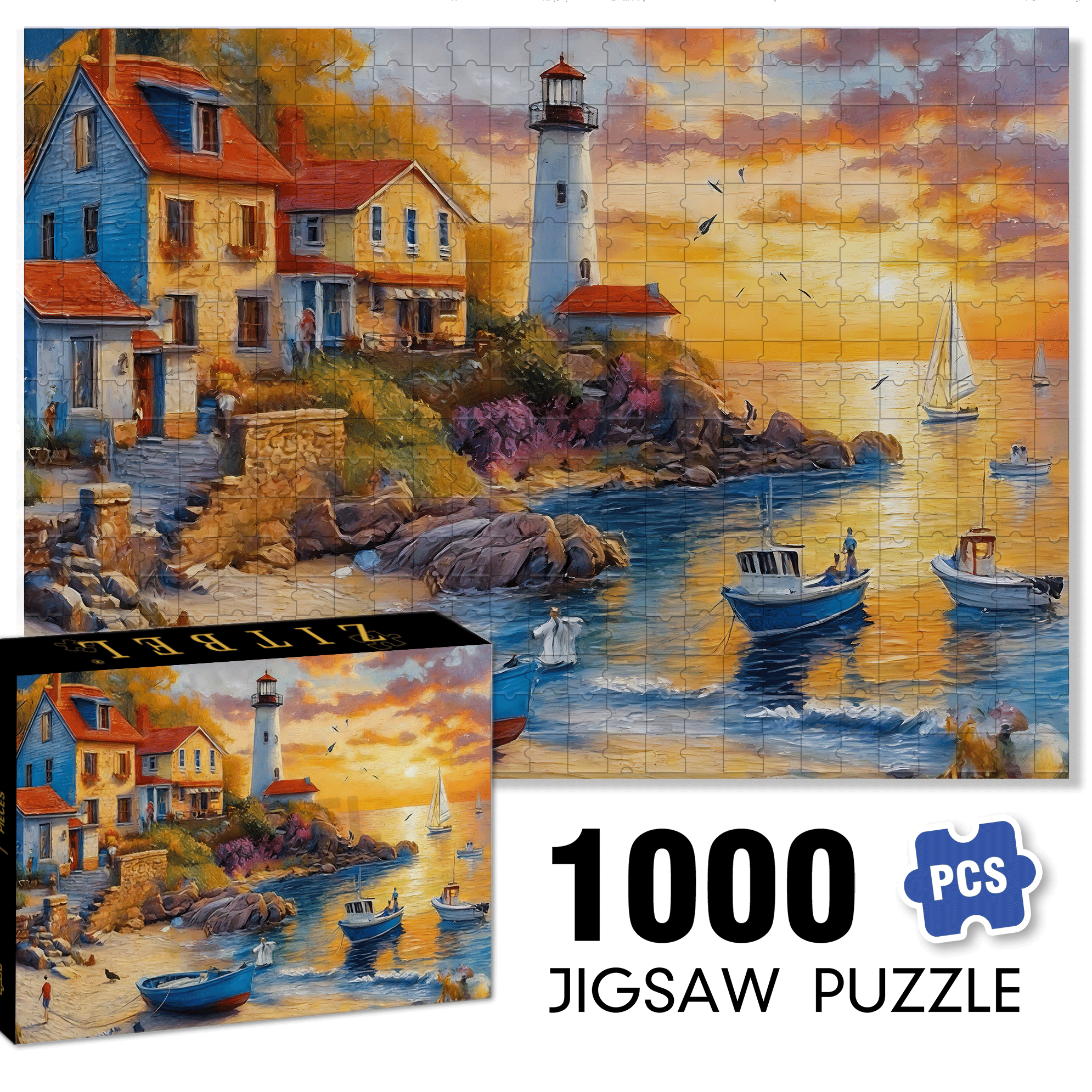 Coastal Town Beach Painting with Lighthouse 500pcs/1000pcs Jigsaw Puzzle, Scratch-Resistant, Interactive Family Game & Brain-Boosting DIY Decor, Perfect for Halloween, Christmas & New Year Gifts, Family Puzzle Game