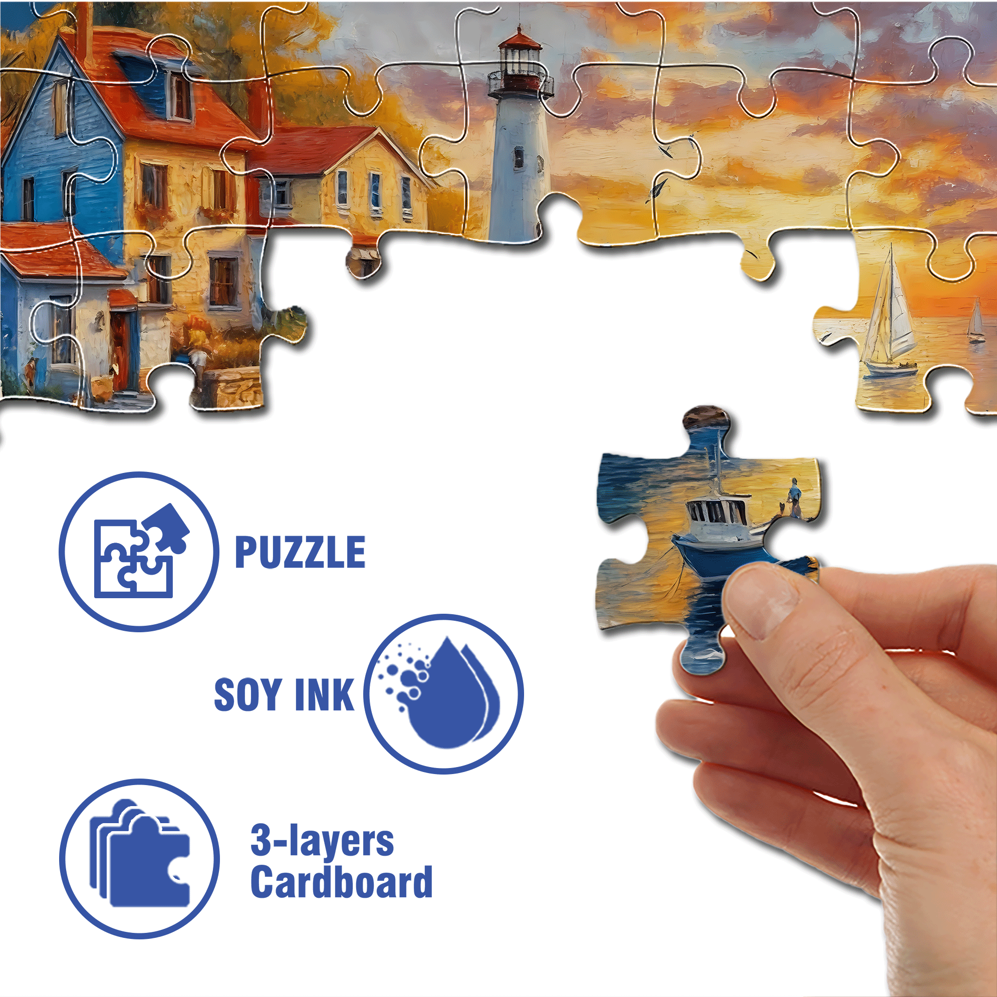 Coastal Town Beach Painting with Lighthouse 500pcs/1000pcs Jigsaw Puzzle, Scratch-Resistant, Interactive Family Game & Brain-Boosting DIY Decor, Perfect for Halloween, Christmas & New Year Gifts, Family Puzzle Game