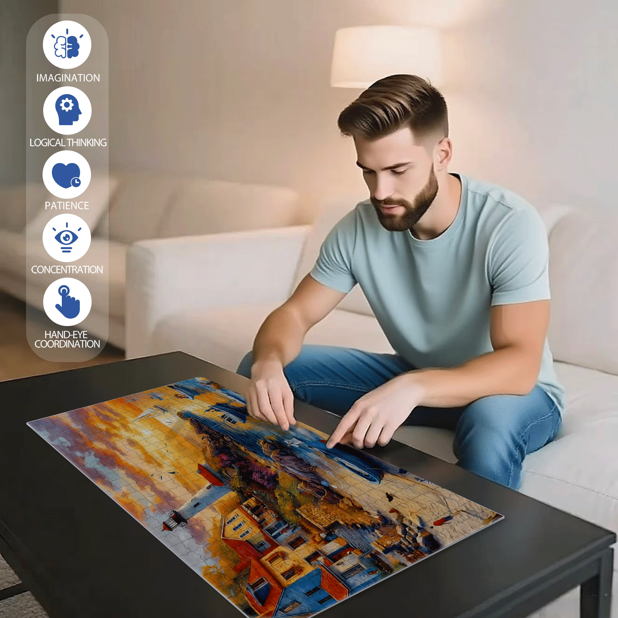 Coastal Town Beach Painting with Lighthouse 500pcs/1000pcs Jigsaw Puzzle, Scratch-Resistant, Interactive Family Game & Brain-Boosting DIY Decor, Perfect for Halloween, Christmas & New Year Gifts, Family Puzzle Game