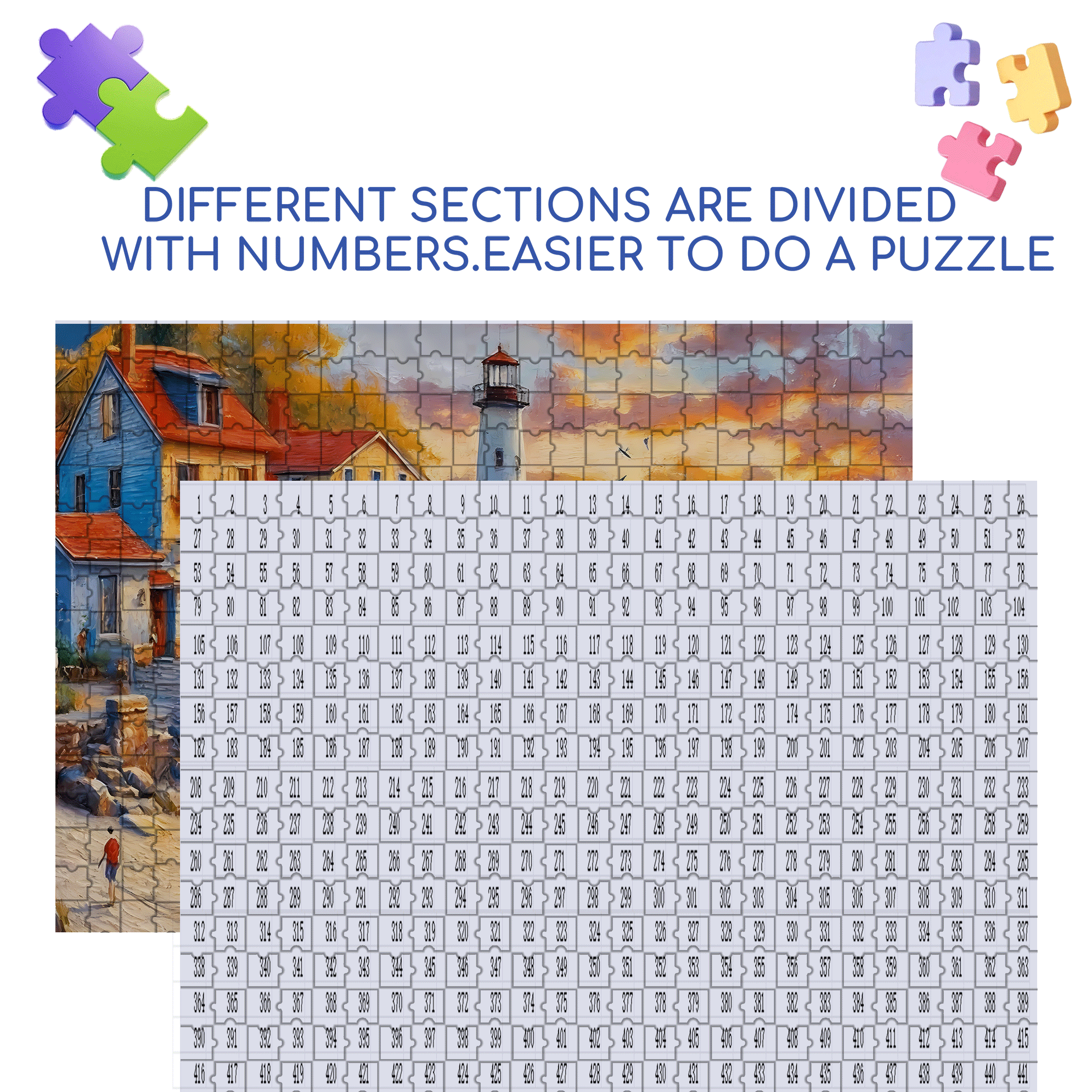Coastal Town Beach Painting with Lighthouse 500pcs/1000pcs Jigsaw Puzzle, Scratch-Resistant, Interactive Family Game & Brain-Boosting DIY Decor, Perfect for Halloween, Christmas & New Year Gifts, Family Puzzle Game