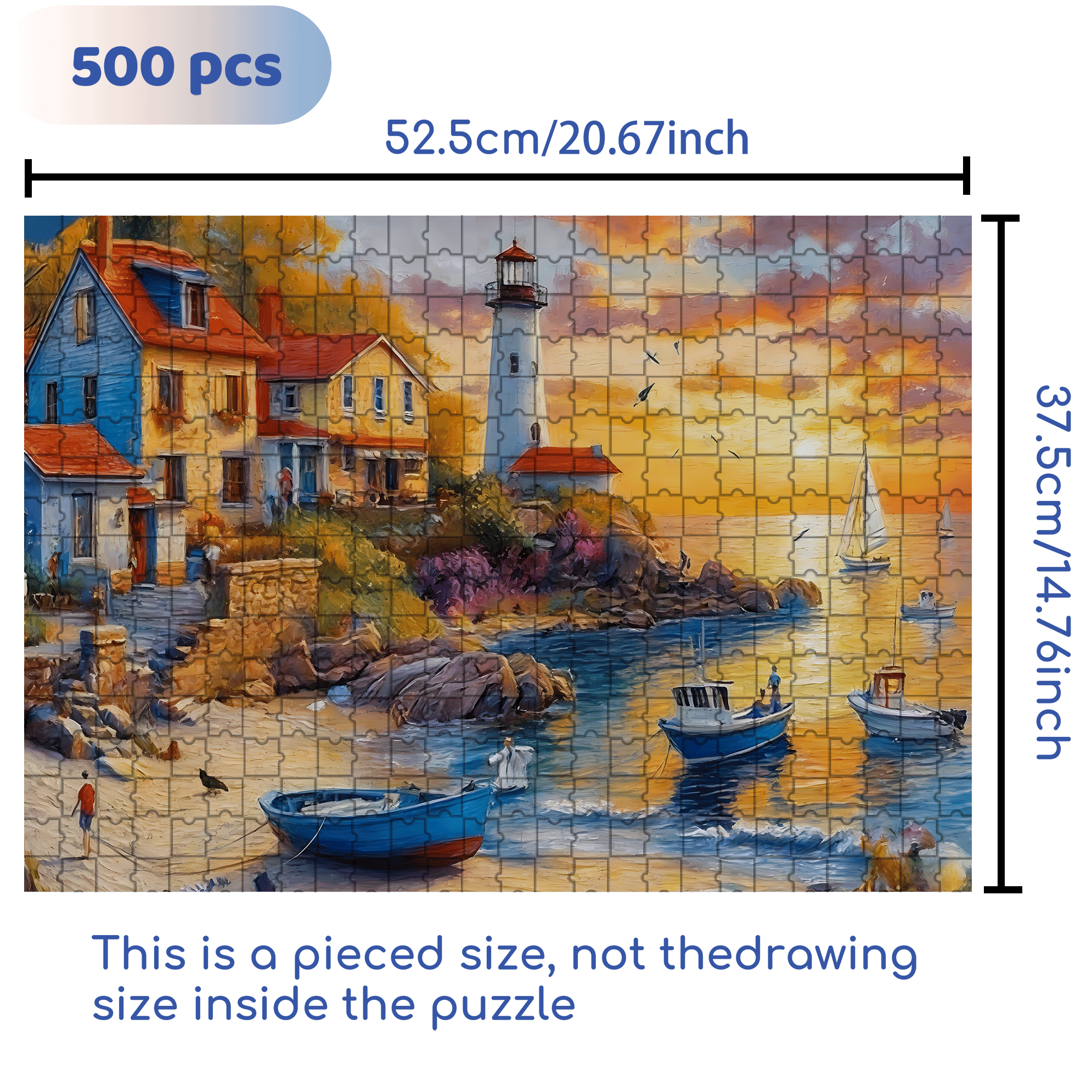 Coastal Town Beach Painting with Lighthouse 500pcs/1000pcs Jigsaw Puzzle, Scratch-Resistant, Interactive Family Game & Brain-Boosting DIY Decor, Perfect for Halloween, Christmas & New Year Gifts, Family Puzzle Game