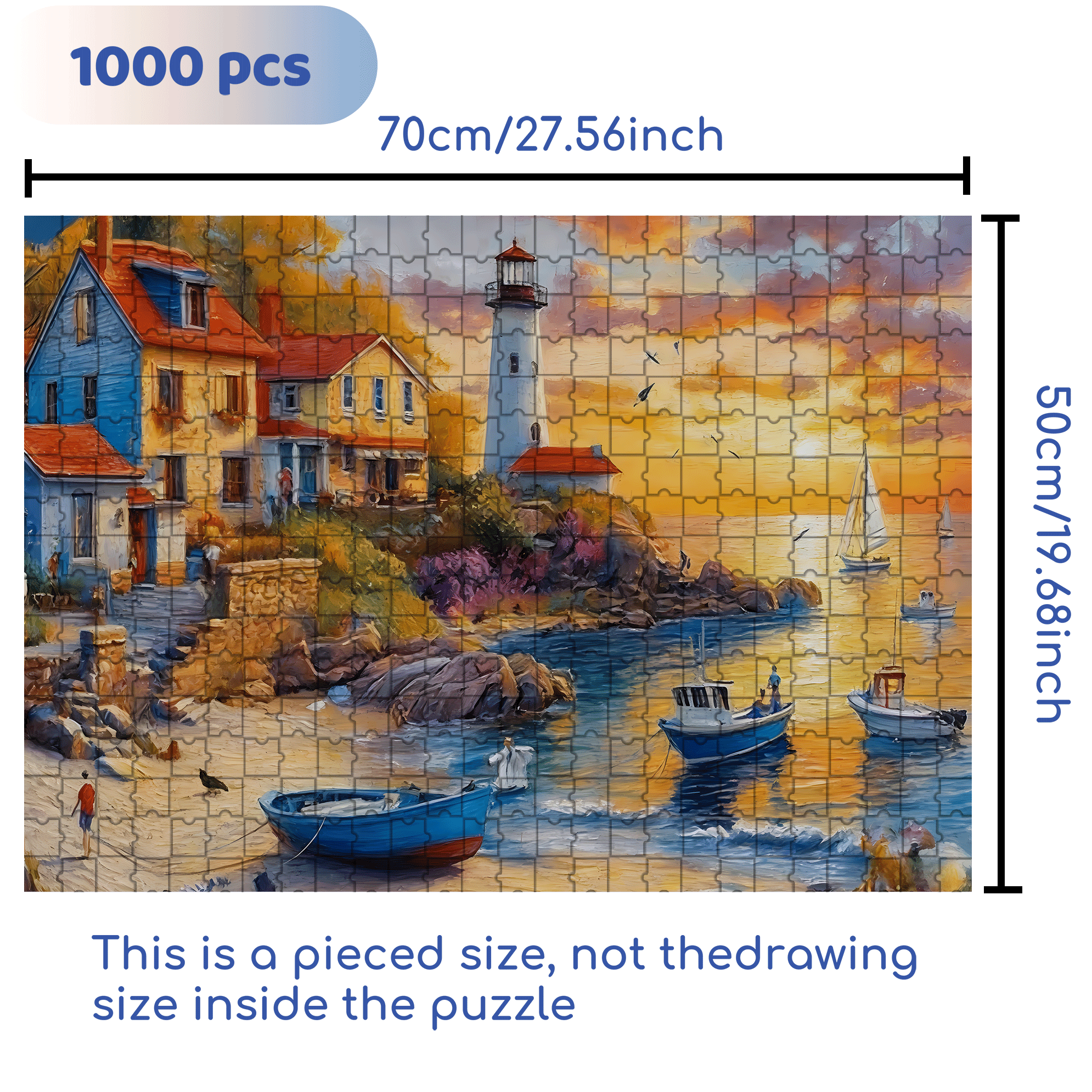 Coastal Town Beach Painting with Lighthouse 500pcs/1000pcs Jigsaw Puzzle, Scratch-Resistant, Interactive Family Game & Brain-Boosting DIY Decor, Perfect for Halloween, Christmas & New Year Gifts, Family Puzzle Game