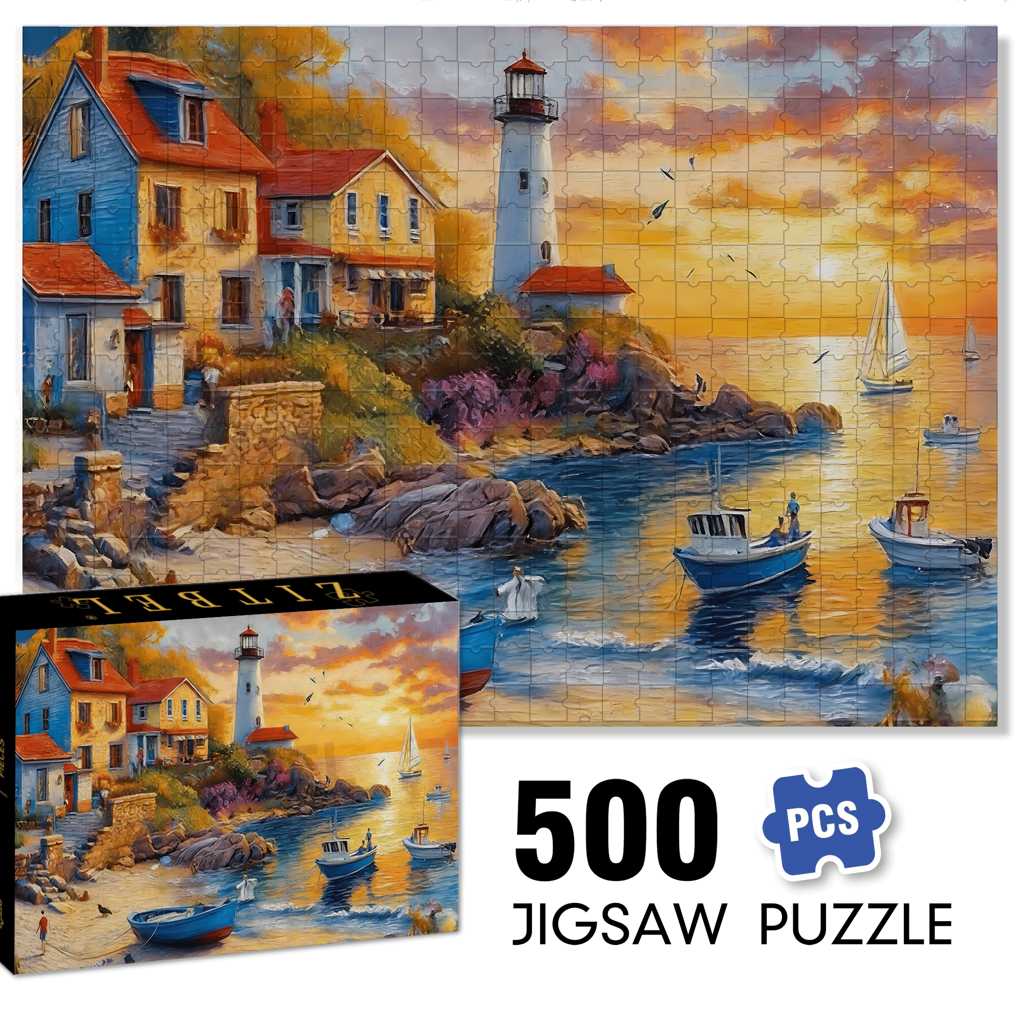 Coastal Town Beach Painting with Lighthouse 500pcs/1000pcs Jigsaw Puzzle, Scratch-Resistant, Interactive Family Game & Brain-Boosting DIY Decor, Perfect for Halloween, Christmas & New Year Gifts, Family Puzzle Game