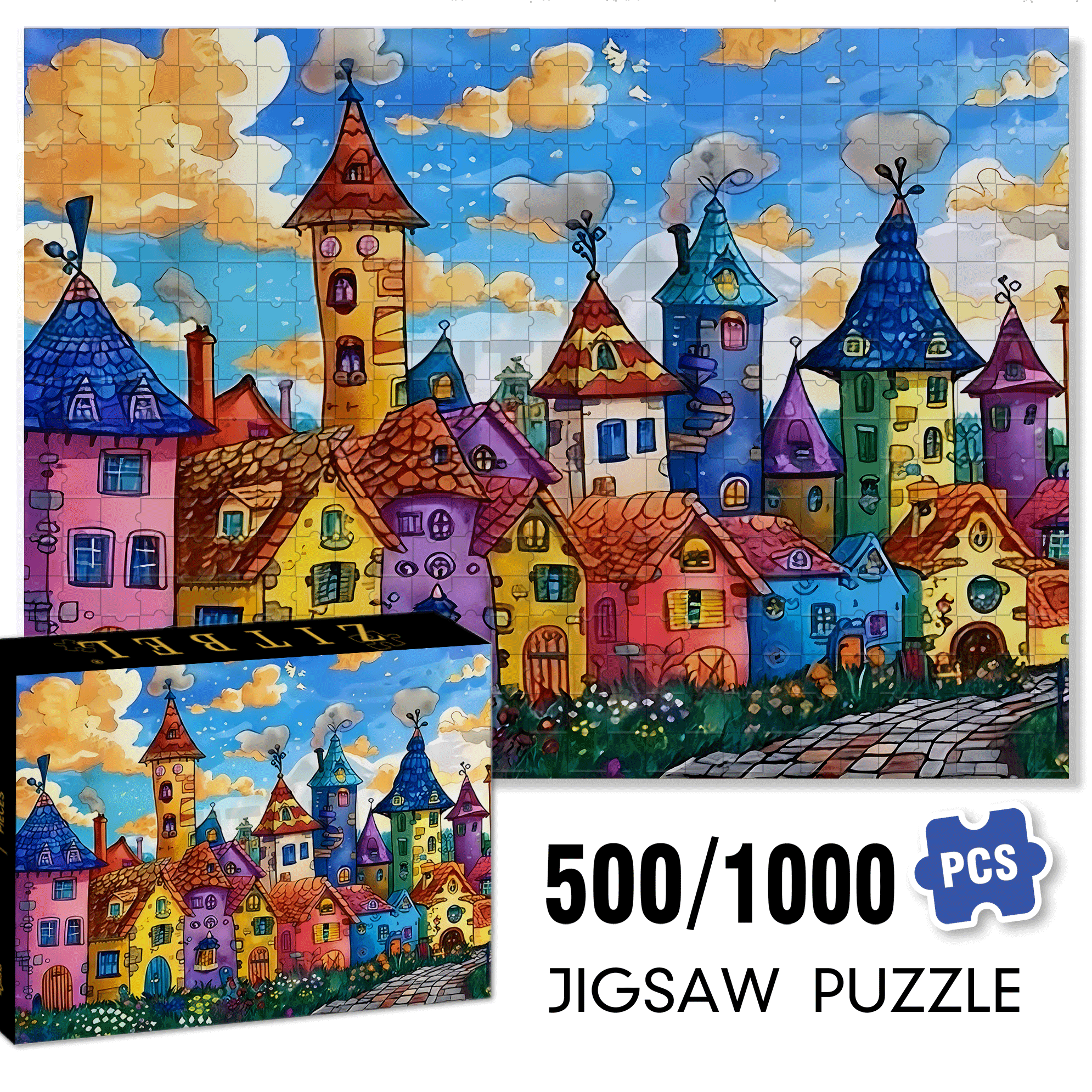 Colorful Houses & Cloudy Sky 500pcs/1000pcs Jigsaw Puzzle, Scratch-Resistant, Interactive Family Game & Brain-Boosting DIY Decor, Perfect for Halloween, Christmas & New Year Gifts, Family Puzzle Game