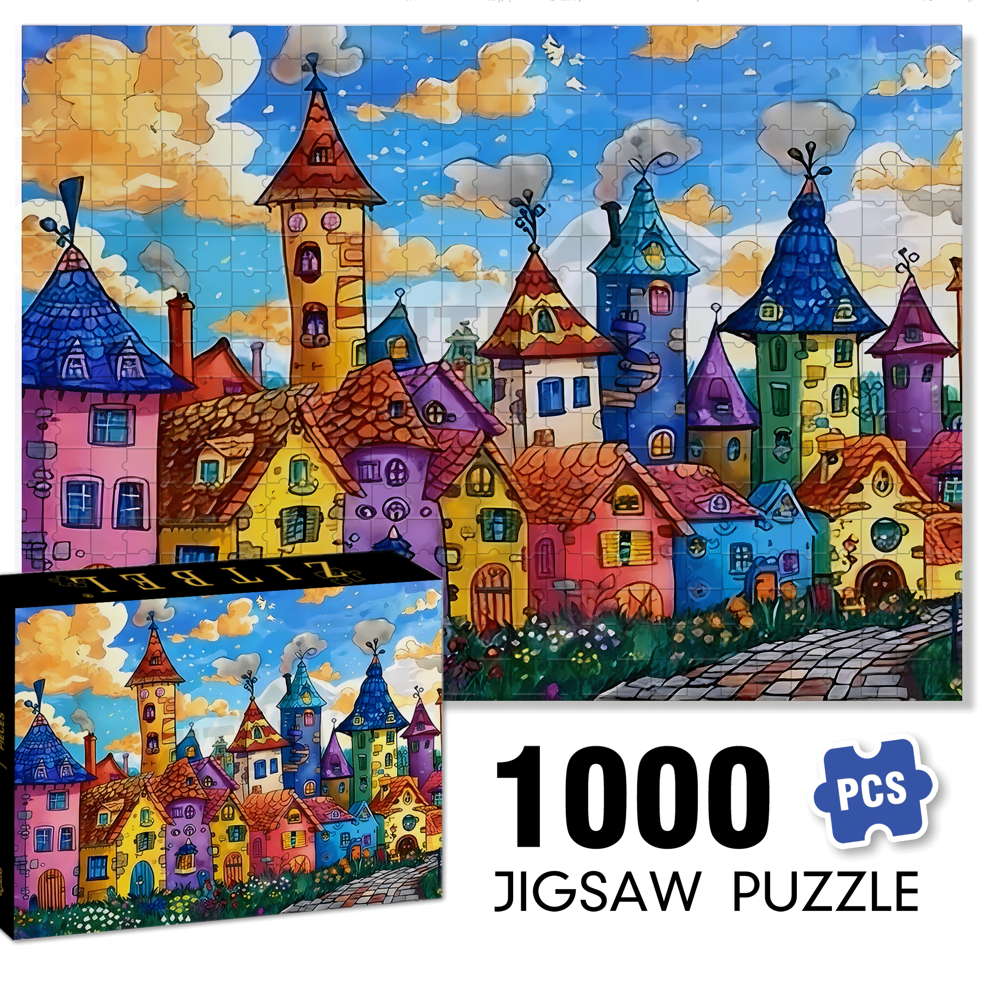 Colorful Houses & Cloudy Sky 500pcs/1000pcs Jigsaw Puzzle, Scratch-Resistant, Interactive Family Game & Brain-Boosting DIY Decor, Perfect for Halloween, Christmas & New Year Gifts, Family Puzzle Game