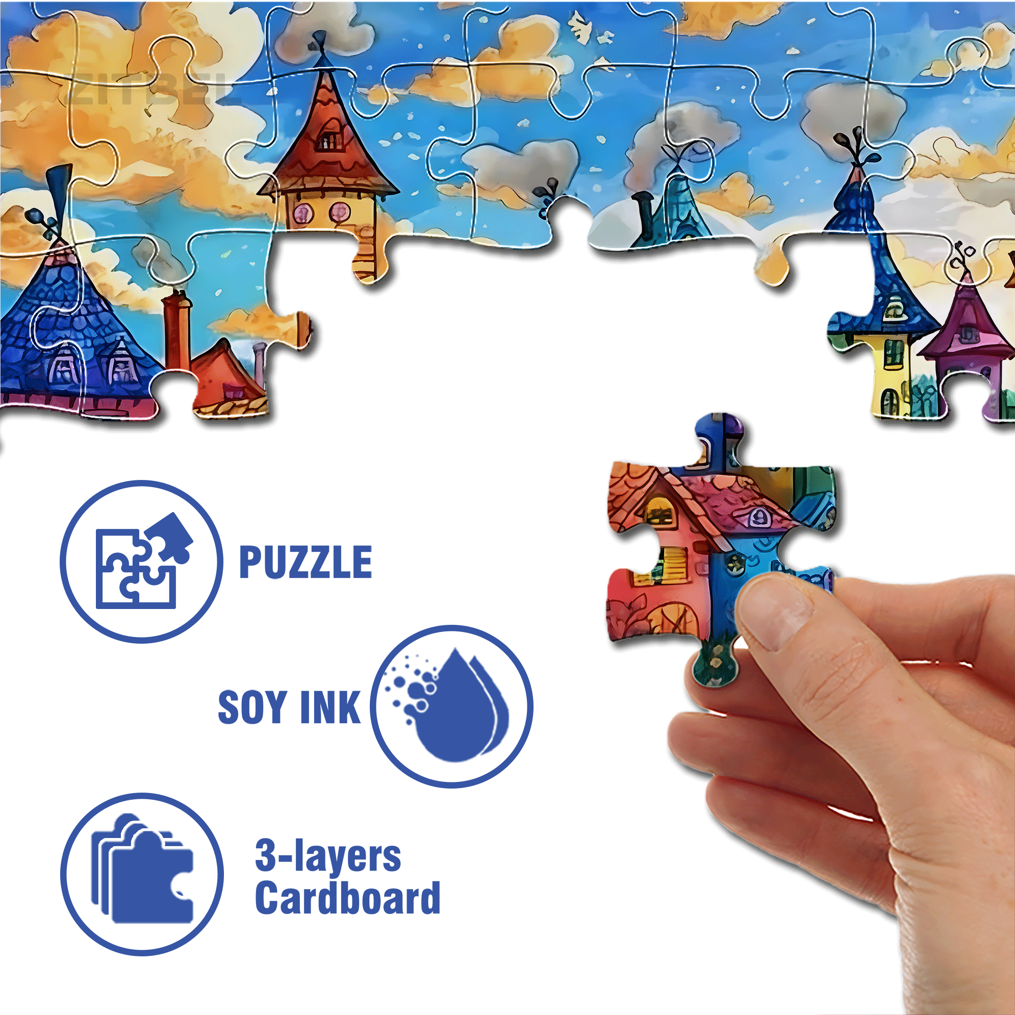 Colorful Houses & Cloudy Sky 500pcs/1000pcs Jigsaw Puzzle, Scratch-Resistant, Interactive Family Game & Brain-Boosting DIY Decor, Perfect for Halloween, Christmas & New Year Gifts, Family Puzzle Game